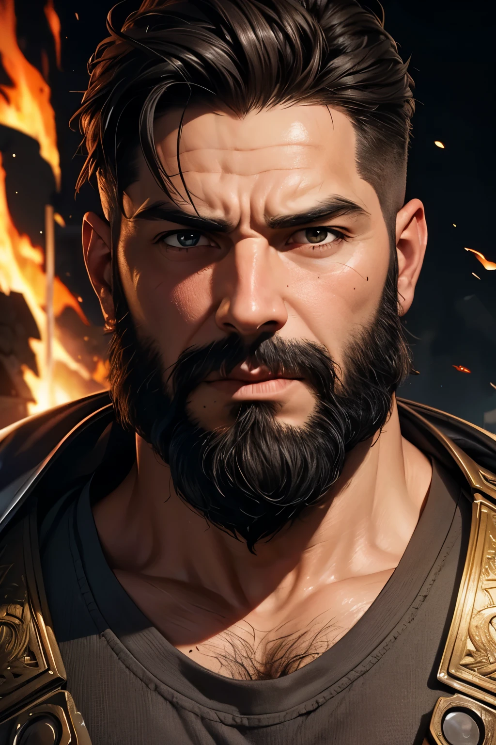 ((best quality)), (high detail), (original art), (1man), (close up), (headshot), rugged face, 44 year old man with extremely short black hair and full thick beard, dark brown eyes, very intense gaze in his eyes, embers of fire in the air, warrior spirit, HDR, 3D, digital art style.