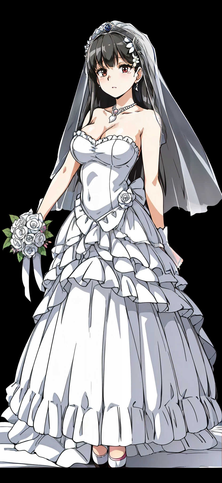 Black_hair,Black_Eye,long_hair,Bangs,
Close-up of beautiful bride wearing beautiful wedding dress,Gurwitz,(bridal veil:1.5),(Transparent short veil:1.5),Blushing face,Head flower,headgear,(tube top wedding dress:1.5),(Silk dress:1.2),(Strapless wedding dress:1.5),pure white dress,necklace,earrings,(large breasts:1.3),Deep V peach heart collar wedding dresangs,lipstick,(lace gloves:1.3),whole body照,High detail RAW color art,Long white dress,whole body,Place your hands behind your back,