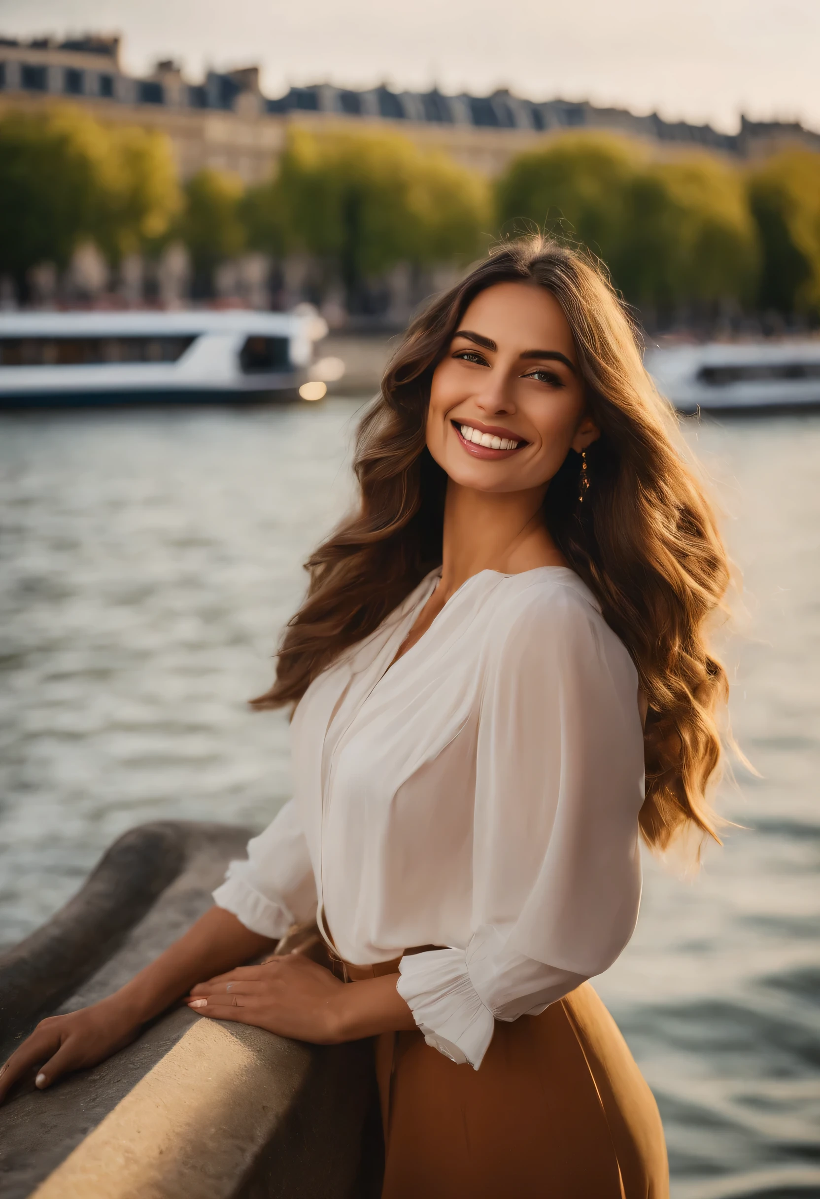 Femme brune aux cheveux longs souriante devant la Seine à Paris avec bateau mouche, realistic Art numérique inspired by Ana De Armas, Tendances sur CG Society, Art numérique, belle fille Blond, belle femme Blond, Blond, Femme Blond,