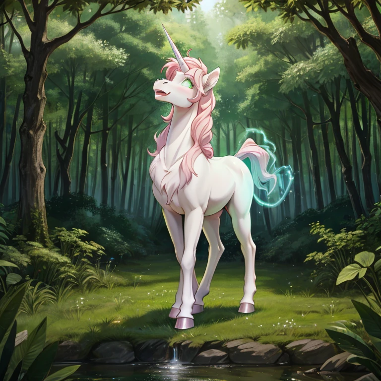 Tall and slim shocked feral Female unicorn with White fur long Pink mane and glowing Green eyes standing on all fours hoves there  some traces of magic floating around her she  in a forest