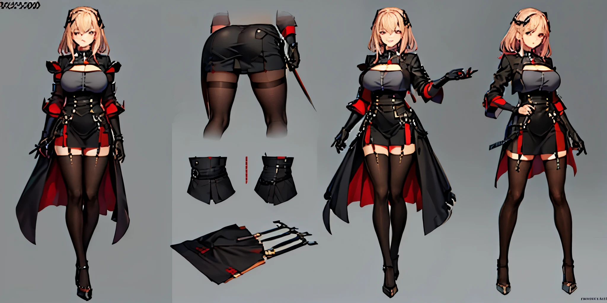 (reference sheet: 1.2), masterpiece, Best quality, Super Detail, anatomically correct, Textured leather, UHD, (whole body: 1.2),  background, 1 beautiful girl, long hair, stockings, long legs, high heels