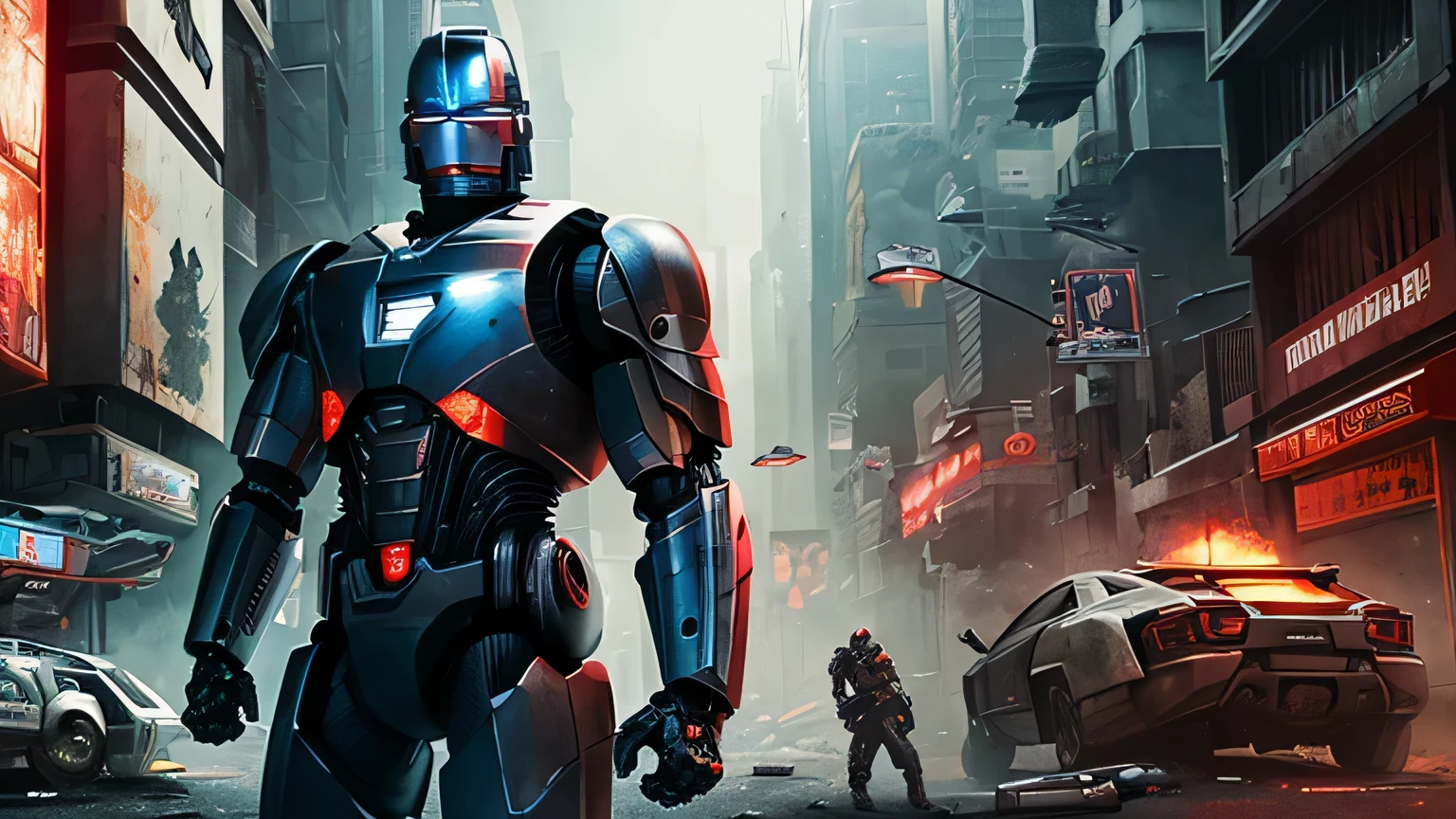 A dystopian cityscape with robocop and rogue elements, captured in high-quality footage. The scene is set in a gritty urban environment, with dilapidated buildings, flickering neon lights, and smoke-filled alleyways. The robocop stands tall and powerful, with a sleek and futuristic design. Its metallic surface reflects the vibrant colors of the city, creating a visually striking contrast. The robocop's appearance is characterized by intricate details, such as glowing LED eyes, articulated joints, and advanced weaponry. The rogue elements are portrayed as rebellious figures, dressed in ragged clothing and wielding makeshift weapons. They move stealthily through the shadows, evading the robocop's surveillance. The footage is of the best quality, filmed in 4k or 8k resolution, capturing every nuance and texture of the scene. The visuals are ultra-detailed, with realistic and photorealistic rendering, ensuring accuracy and immersion. The art style is influenced by concept artists, combining elements of futuristic science fiction and gritty urban realism. The color palette is dominated by cool tones, with hints of vibrant neon colors adding a pop of brightness. The lighting emphasizes the dimly lit environment, casting dramatic shadows and highlighting the contrast between the robocop and the rogue elements.