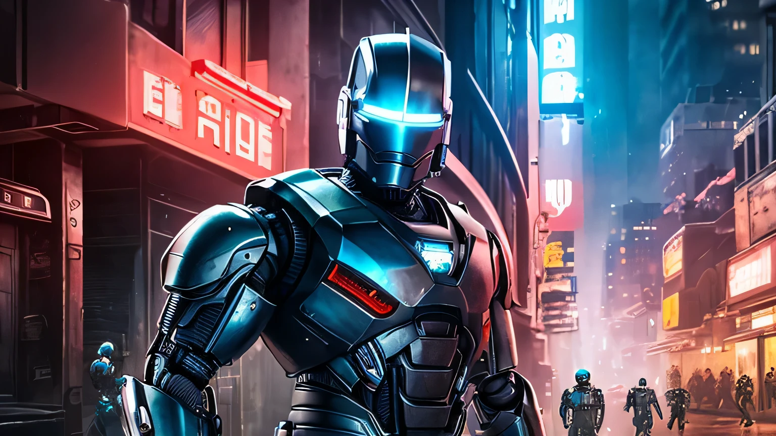 A dystopian cityscape with robocop and rogue elements, captured in high-quality footage. The scene is set in a gritty urban environment, with dilapidated buildings, flickering neon lights, and smoke-filled alleyways. The robocop stands tall and powerful, with a sleek and futuristic design. Its metallic surface reflects the vibrant colors of the city, creating a visually striking contrast. The robocop's appearance is characterized by intricate details, such as glowing LED eyes, articulated joints, and advanced weaponry. The rogue elements are portrayed as rebellious figures, dressed in ragged clothing and wielding makeshift weapons. They move stealthily through the shadows, evading the robocop's surveillance. The footage is of the best quality, filmed in 4k or 8k resolution, capturing every nuance and texture of the scene. The visuals are ultra-detailed, with realistic and photorealistic rendering, ensuring accuracy and immersion. The art style is influenced by concept artists, combining elements of futuristic science fiction and gritty urban realism. The color palette is dominated by cool tones, with hints of vibrant neon colors adding a pop of brightness. The lighting emphasizes the dimly lit environment, casting dramatic shadows and highlighting the contrast between the robocop and the rogue elements.