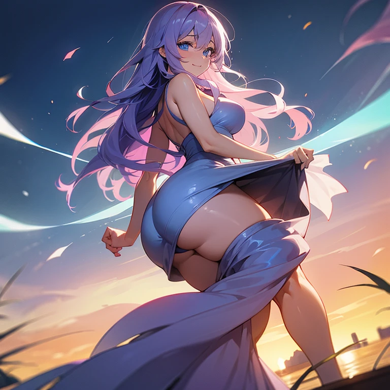 ((I want a woman alone, curvy and beautiful body, light blue eyes and light purple wavy hair, sharp look, smile on her face and wearing a beautiful dress))