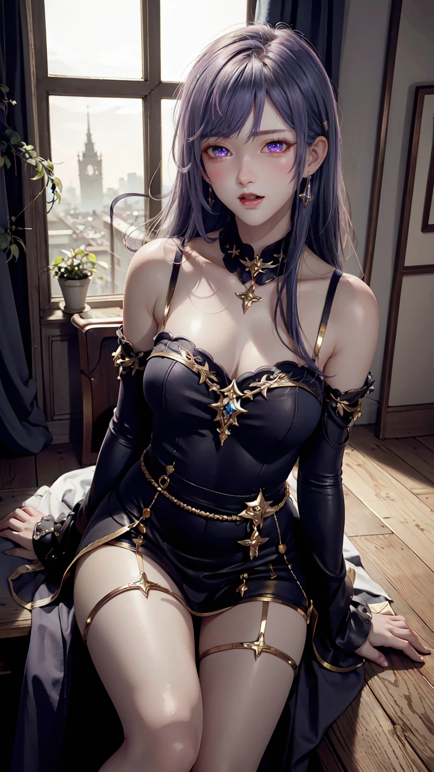8K, Ultra High Definition, Super detailed, Shiny detailed hair, detailed face, fantasy landscape, solo, looking at viewer, {{best quality}}, {{masterpiece}}, {{ultra-detailed}}, {detailed light}, ultra high quality eyes, detailed eyes, perfect eyes, large eyes, detailed purple eyes, blue hair, blue long hair, adorned hair, beautiful, skinny body, white skin, slutty, erotic, sitting with legs open, open legs, lingerie, in lingerie, blushing, open mouth, ahegao, ((nsfw))