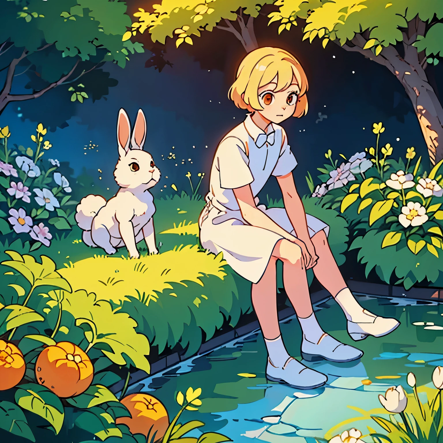 Beaultiful feminine boy, rabbit boy, white dress, light hair, garden, sitting, beaultiful eyes, oranged eyes