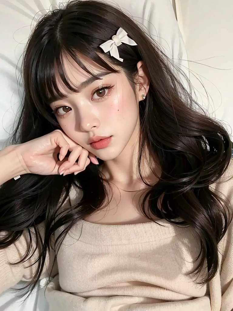 un primer plano de una mujer acostada en la cama con una camisa rosa, ulzzang, muchacha coreana, cabello limpio con flequillo, pelo largo con flequillo, hermosa mujer surcoreana, pelo largo con flequillo completo, hermosa joven coreana, jaeyeon nam, Lalisa Manobal, hermosa joven coreana, joven y adorable rostro coreano, brown pelo largo con flequillo