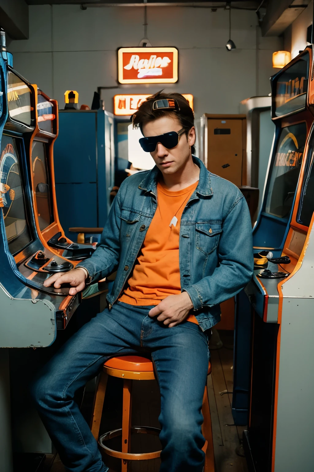 retro arcade, Adult male wearing orange ski goggles, denim jacket and jeans, sits on a stool looking and playing the arcade machine, 4.6k film, film stock Kodak 250d, wide shot
