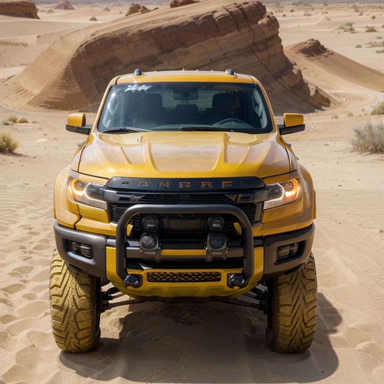 photo of one new pick up truck is yellow with wheels and a
hood down, in the style of futuristic spacecraft design, desertwave,
bronze and amber, rangercore