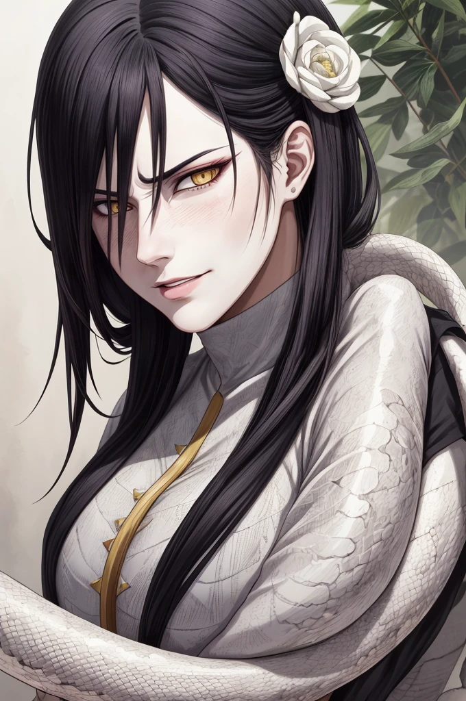 {-erro_de_anatomia:1.0} estilo anime, Masterpiece, absurdities, Orochimaru\(Naruto\), 1girl Solo, Mature woman, Oversized shirt with broad shoulders, Perfect composition, Detailed lips, large breasts, Beautiful face, body proportion, Blush, Long black hair, ( black hair), yellow eyes, Soft gauze, Super realistic, Detailed, photo shoot, Realistic faces and bodies, masterpiece, best quality, best ( white snake) illustration, hyper detailed, 1 girl, solo, glamorous, blushing, whole body, 