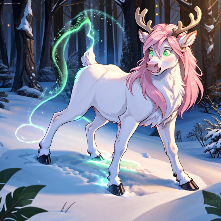 Tall and slim shocked feral Female reindeer with White fur long Pink mane and glowing Green eyes standing on all fours hoves there some traces of magic floating around her she in a snowy forest Pulling Santa's sleigh