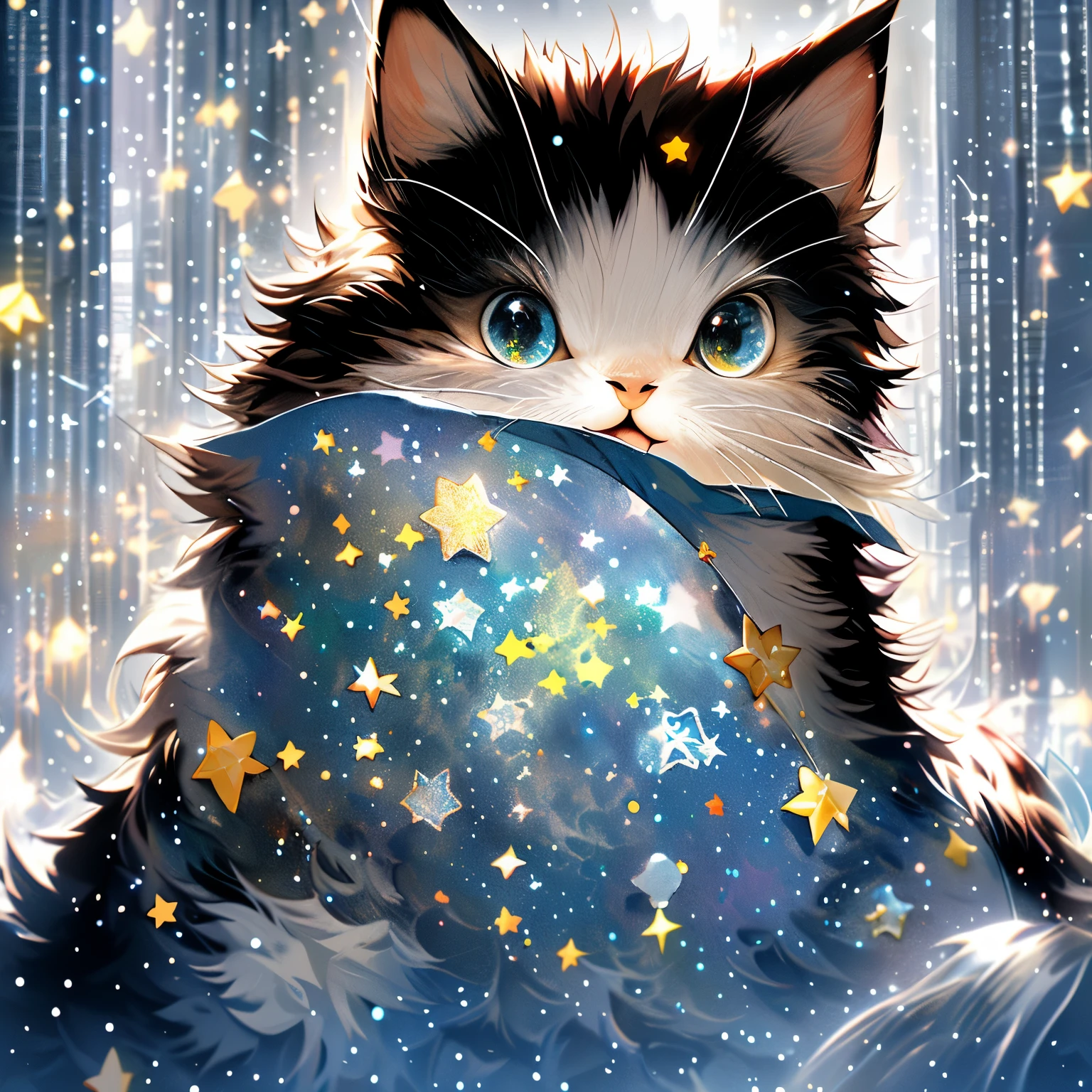 ,(Masterpiece:1.2, High quality),
No Man, cat, :3, Animal focus, Animal, starryskybackground, view the viewer, Crying, greybackground, touched,Soft lines,Soft light,As estrelas,Caught the big fish,rainwater,soft filter,Background bokeh
