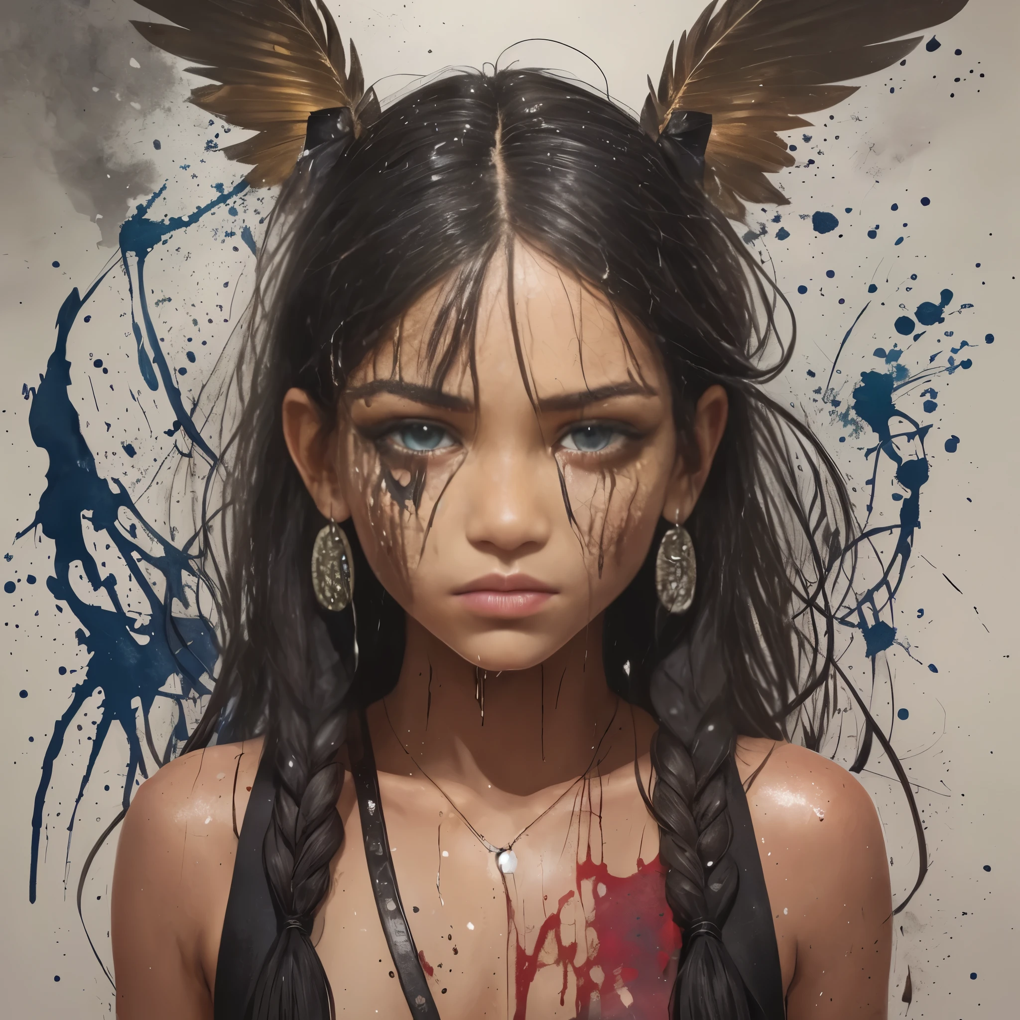 In this digital painting, the artist uses wet oil ink poured on a gangster an a front View of Weathered Face of very young girl Amerindian Ethnic Characteristics to create a captivating and visually striking image. The ink spots are visible, adding texture and depth to the artwork. The overall style messy and dynamic, with an ink splatter effect that adds a sense of edginess and intensity to the composition. The colors used in the painting are bold and dramatic, with a mix of dark and vibrant tones. The artist may use contrasting colors to enhance the mysterious and dangerous aura of the gangster an front View of Weathered Face of very young girl Amerindian Ethnic Characteristics. The colors could be used to emphasize the shadows, the gleam of his weapon, or the details of his clothing, the artwork visually impact and attractive. The gangster young girl an front View of Weathered Face of a very young girl Amerindian Ethnic Characteristics portrayed in a confident and intimidating manner, exuding a sense of power and control. The artist may emphasize his sharp features, intense gaze, and stylish attire to convey his authority and presence. The messy style and ink splatters add a gritty and raw feel, enhancing the overall visual impact of the artwork. Overall, this digital painting with wet oil ink, ink splatters, and attractive colors creates a captivating and intense image of a gangster an front View of Weathered Face of very young girl Amerindian Ethnic Characteristics . The messy style, dramatic colors, and dynamic character portrayal make the artwork visually appealing and captivating, capturing the essence of the underworld and the allure of the girl Amerindian persona. --auto --s2