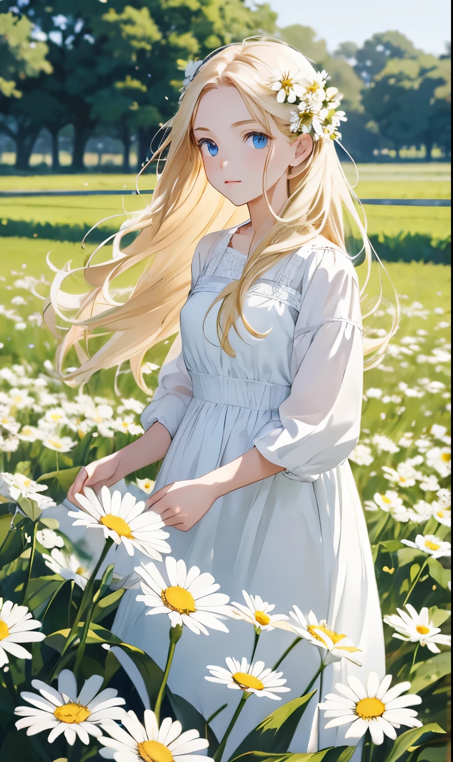 1girl,in a field of flowers,white flower,looking at viewer,blue eyes,blonde hair,daisy,long hair,pure white dress,