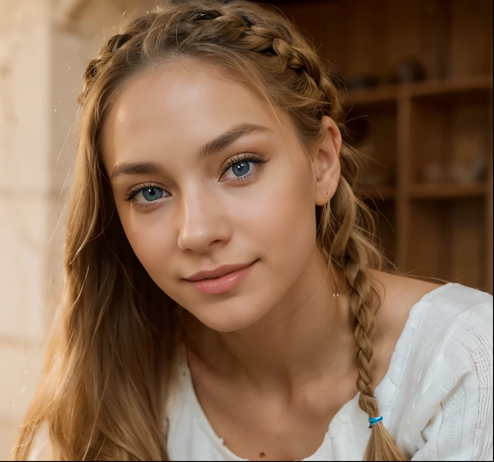 Young woman of 20 years extremely beautiful blue-eyed blonde with long hair with two braids on her head small nose wide beautiful lips beautiful and smile sexy and penetrating look of light skin color. Foto para perfil de instagram la cual tiene que abarcar hasta medio cuerpo con un top de color celeste un busto grande visible con los pezones marcados aparentando estar desnuda