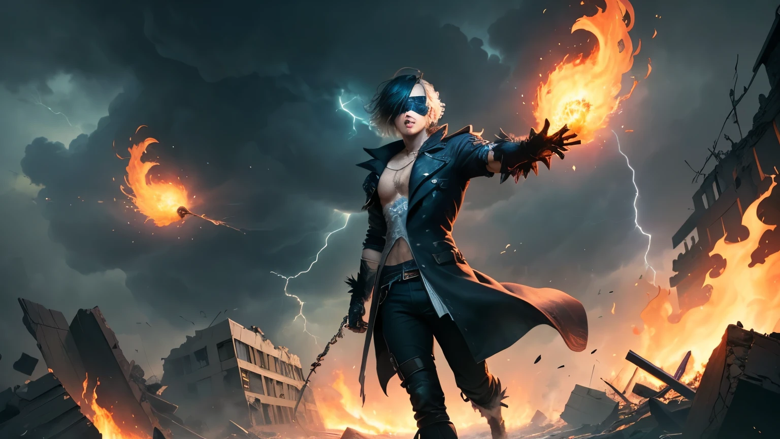 masterpiece UHDnDepicts the surreal man NieR, red short hair, blind fold in a state of rage, character outfits soaring above the sky, the paper cast a spell with a beam gushing from the palm of his hand. looks terrifying , haunting, black and dark blue-green, namids piles of rubble people, random atmosphere, tension, cruelty and thinting with a storm of fire and lightning. full body.