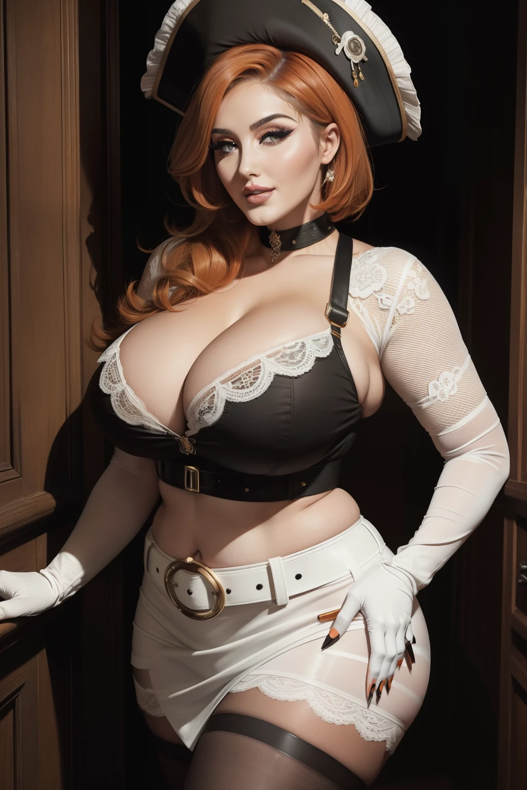Lucy Pinder, ((VERY INTENSE MAKEUP)), sexy woman, voluptuous, cleavage, (Adele), chubby woman, lace, orange hair, short hair, pirate hat, white crop top, belt, black skirt, fishnet pantyhose, white gloves, smiling.