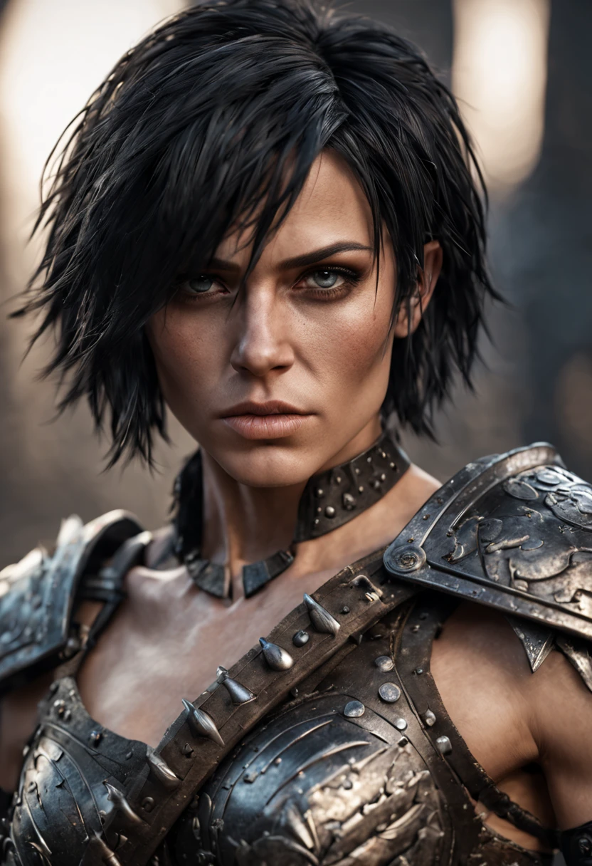 Beautiful barbarian, black short hair, Punk hair, meager armor, highly detailed face, high-detailed skin, muscle definition, high resolution, photorealistic, cinematic lighting, medium shot.