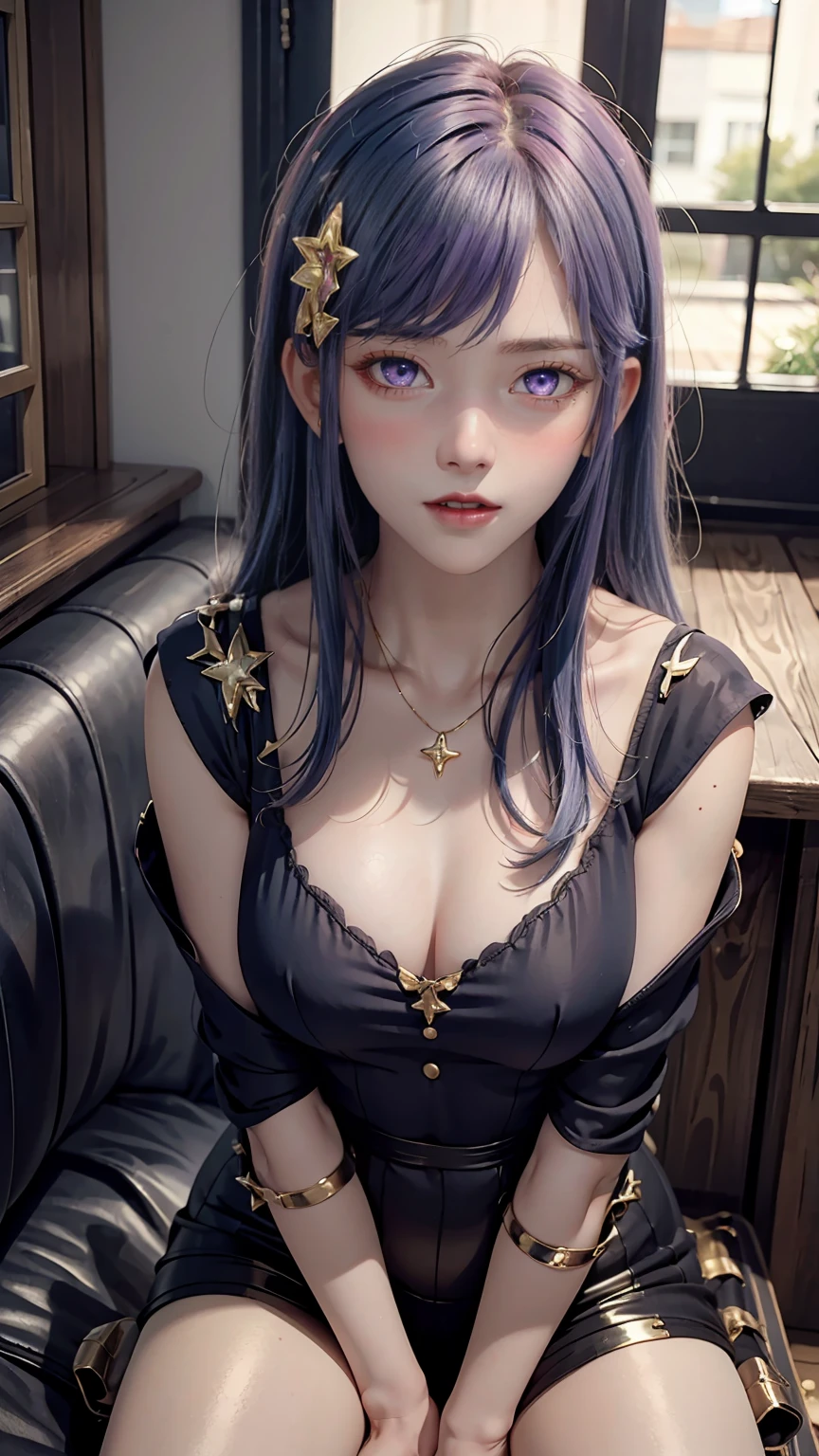 8K, Ultra High Definition, Super detailed, Shiny detailed hair, detailed face, fantasy landscape, solo, looking at viewer, {{best quality}}, {{masterpiece}}, {{ultra-detailed}}, {detailed light}, ultra high quality eyes, detailed eyes, perfect eyes, large eyes, detailed purple eyes, blue hair, blue long hair, adorned hair, beautiful, skinny body, white skin, slutty, erotic, sitting with legs open, open legs, lingerie, in lingerie, blushing, open mouth, ahegao, ((nsfw))