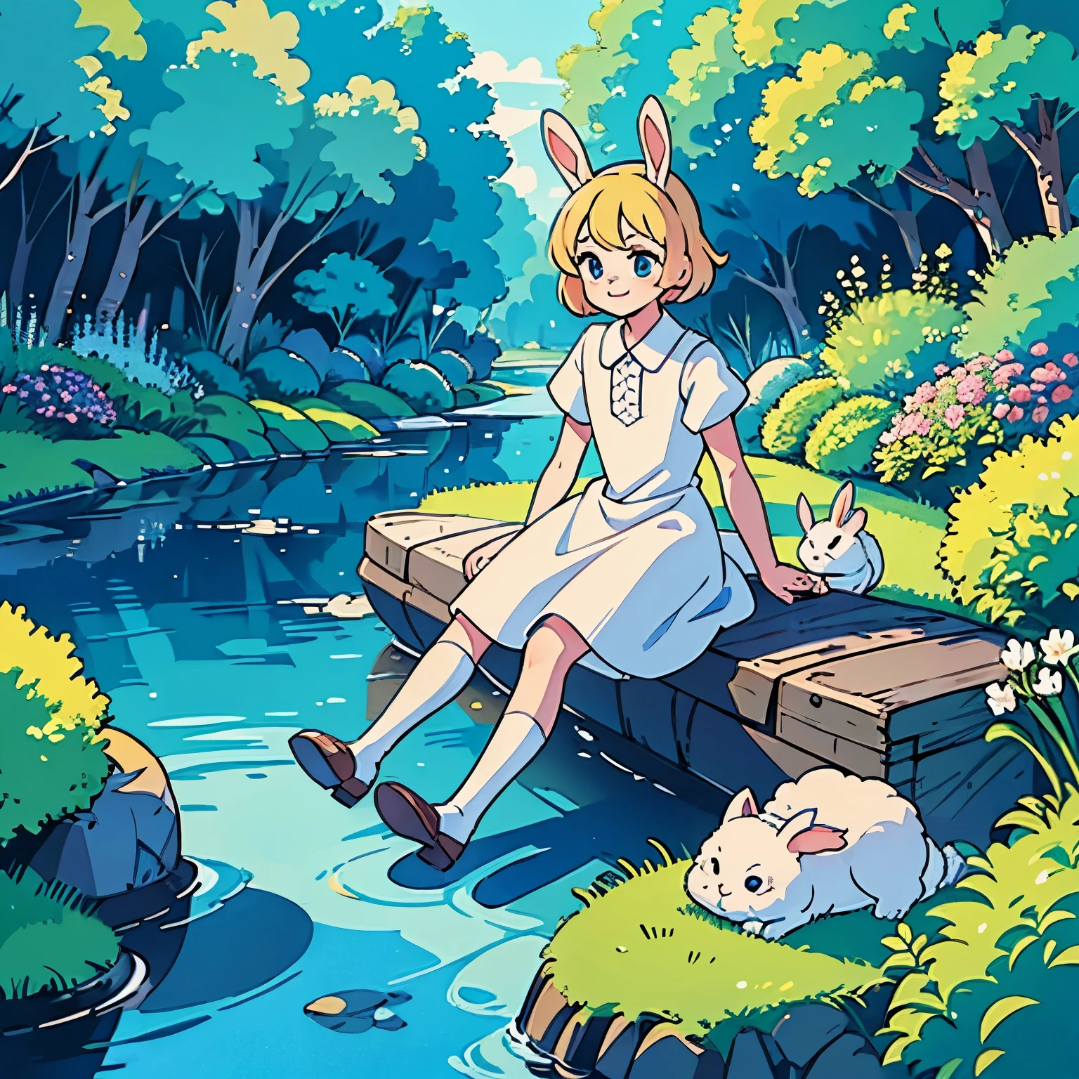 Beaultiful feminine boy, rabbit boy, white dress, light hair, garden, sitting by a river, beaultiful eyes, blue eyes, happy expression