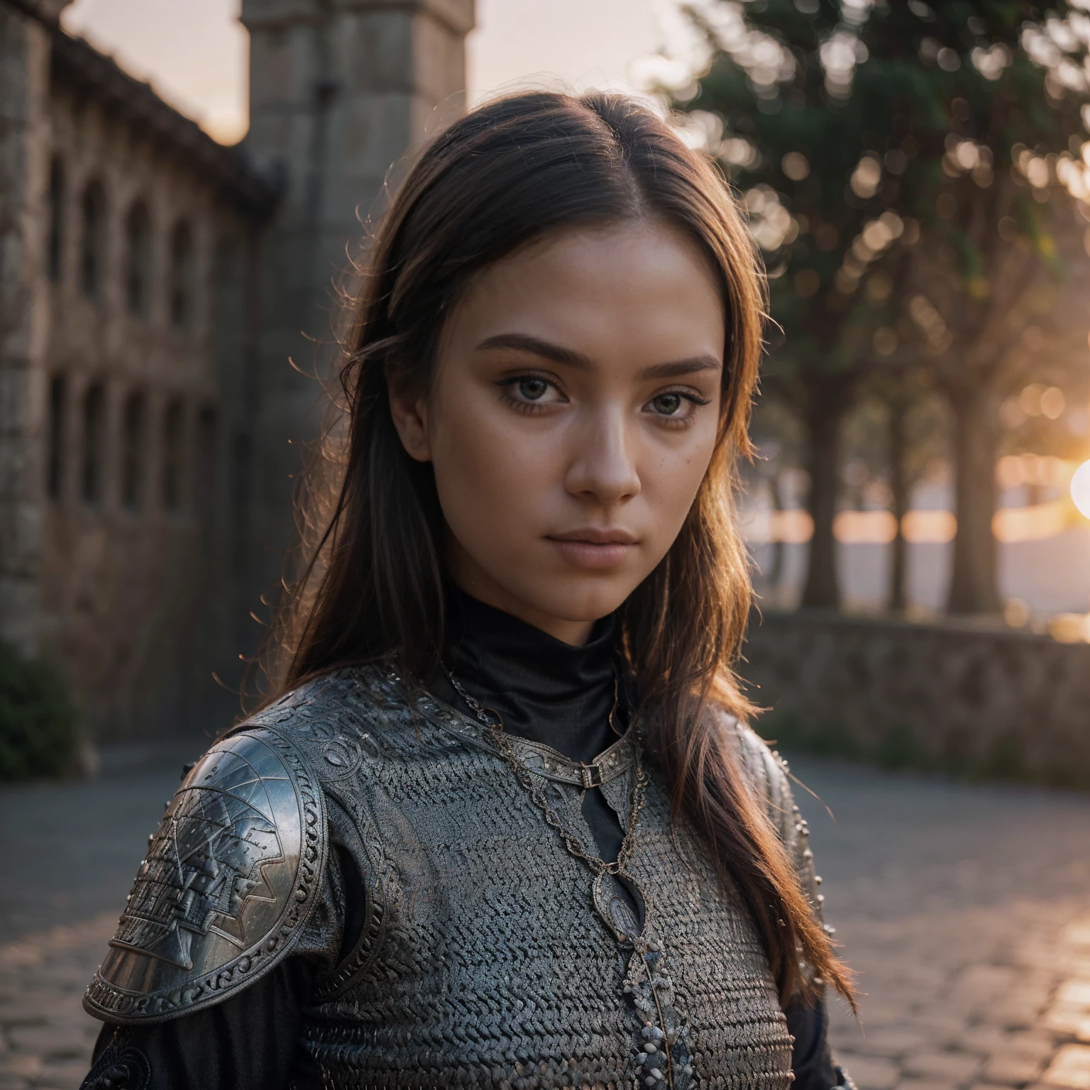 (masterpiece), (extremely intricate:1.3), (realistic), portrait of a girl, the most beautiful in the world, (medieval armor), metal reflections, upper body, outdoors, intense sunlight, far away castle, professional photograph of a stunning woman detailed, sharp focus, dramatic, award winning, cinematic lighting, octane render unreal engine, volumetrics dtx, (film grain, blurry background, blurry foreground, bokeh, depth of field, sunset, motion blur:1.3), chainmail