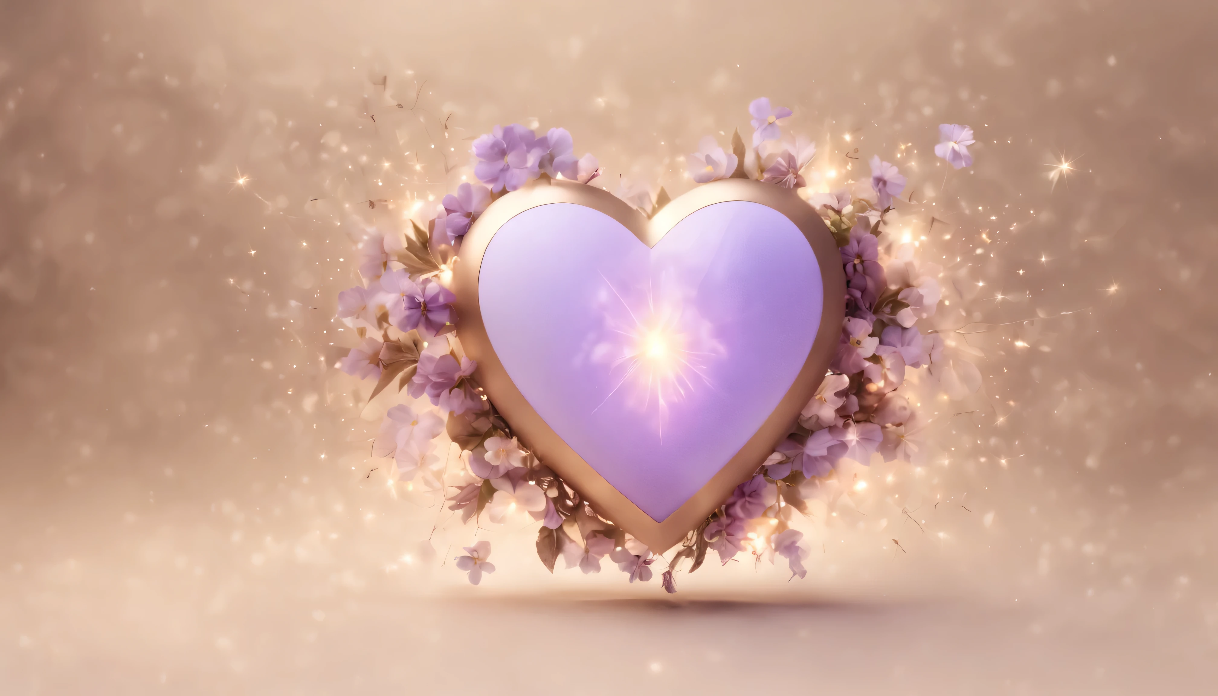 matte lilac-brown heart and sparkling magic sparks , lightning and energy flashes ,heart with flowers ,on a soft beige background, Clear Focus, High Quality 8K