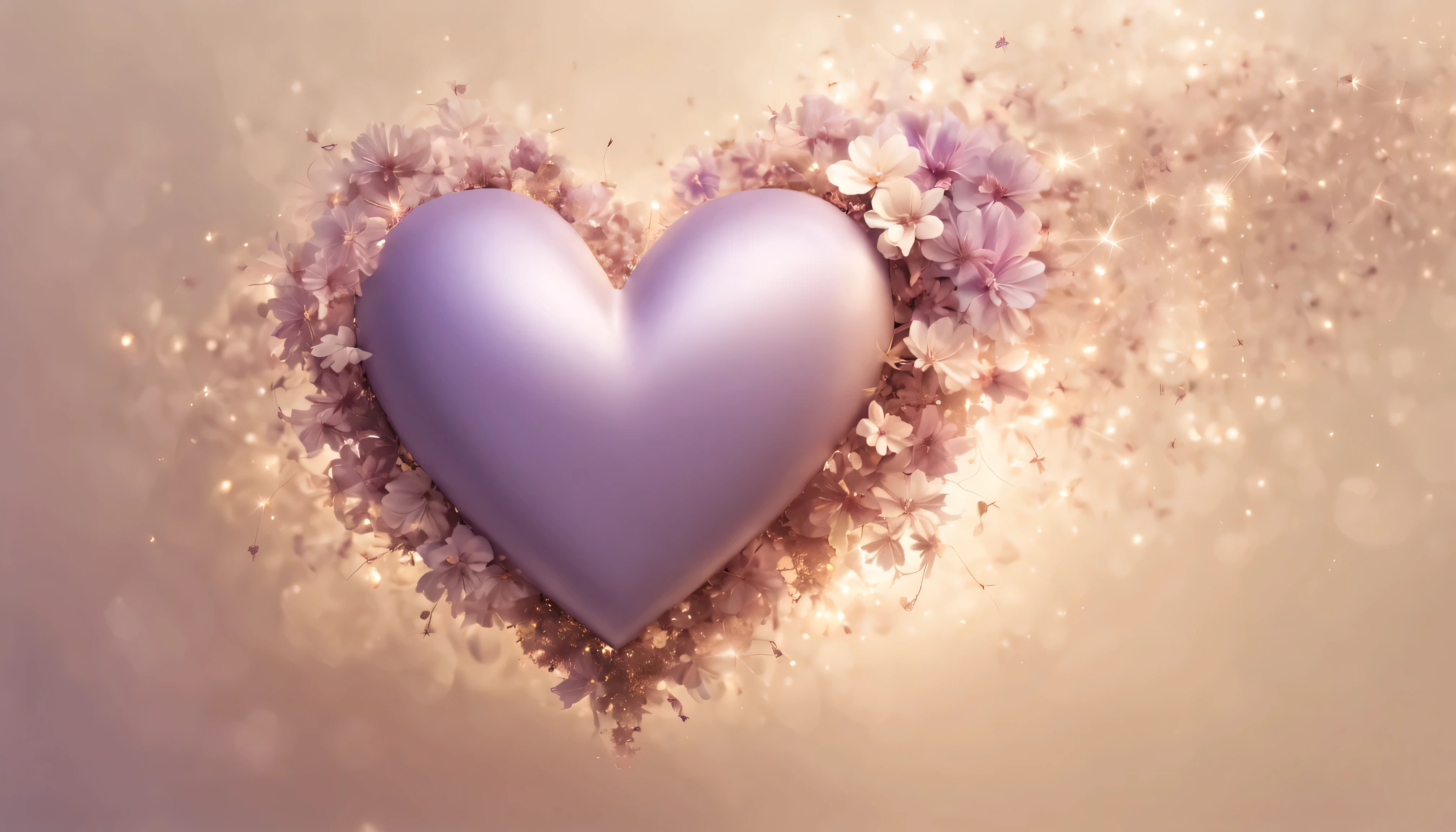 matte lilac-brown heart and sparkling magic sparks , lightning and energy flashes ,heart with flowers ,on a soft beige background, Clear Focus, High Quality 8K