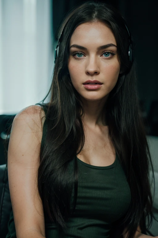 a woman with long black hair and green eyes gaming and playing at a PlayStation eating chips wearing headset, with green eyes, with stunning green eyes, keine Falten, Modelgesicht wie Megan Fox, big lips, Ultrarealistische digitale Malerei, Hyperrealistische digitale Malerei, Ultrarealistische digitale Kunst, Hyperrealistische digitale Malerei, Ultrarealistische digitale Kunst, with deep green eyes, Ultrarealistische digitale Kunst, with green eyes, Genau, ultrarealistische Gesichter, Realistische digitale Malerei, mit schwarzbraunen Haaren, definierte Gesichtsturktur, texturierte Haut, spitzes Kinn, hohe Wangenknochen, feine Nase, full body