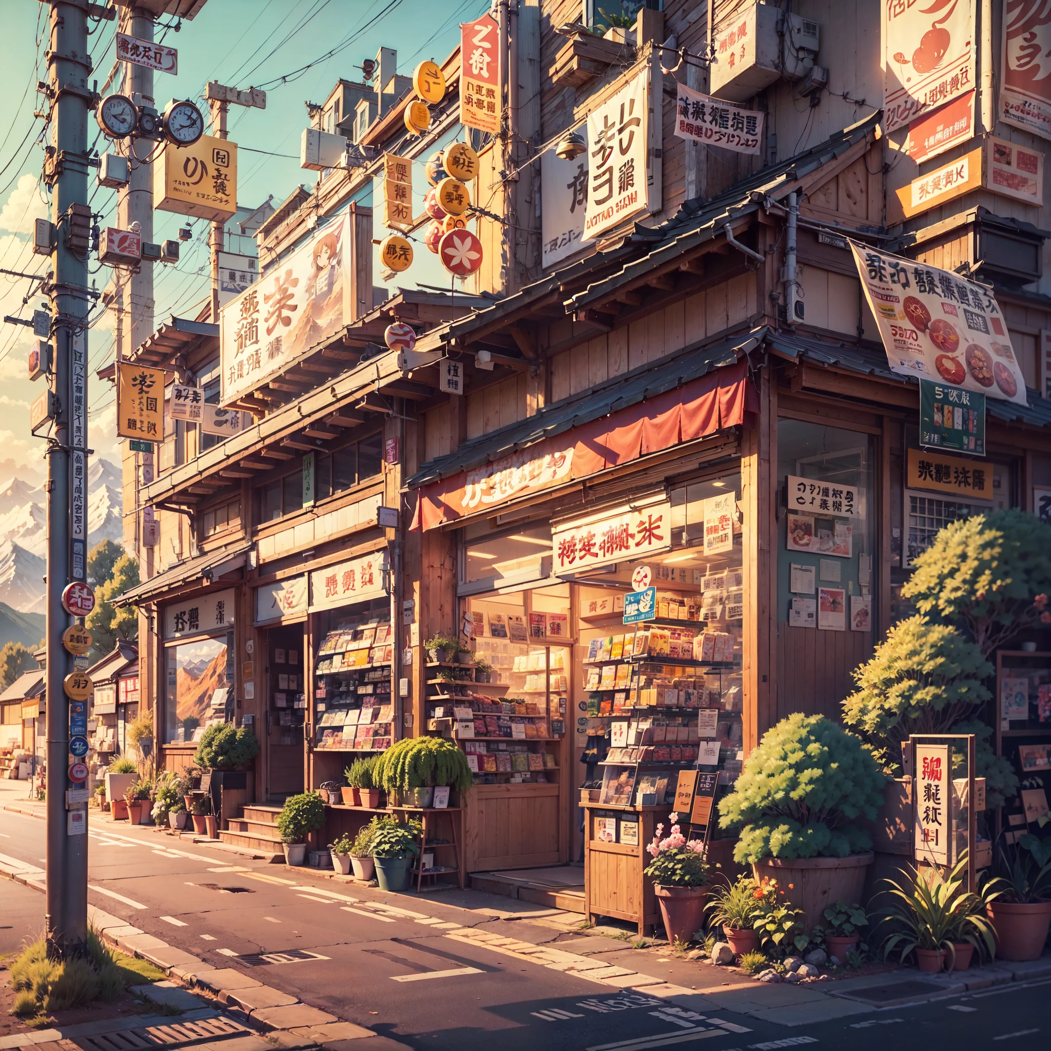 anime background, anime wallpaper, anime, anime style, lofi, lofi style, modern japanese street, mountains, uphill, modern japanese architecture, japanese convenience store, big retro japanese shop signs, retro japanese store, trees, plants, rocks, plant pots, shop signs, japanese banners, japanese signs, flags, sunrise, golden hour, golden lighting, empty street, no one in sight, (no one: 1), best quality