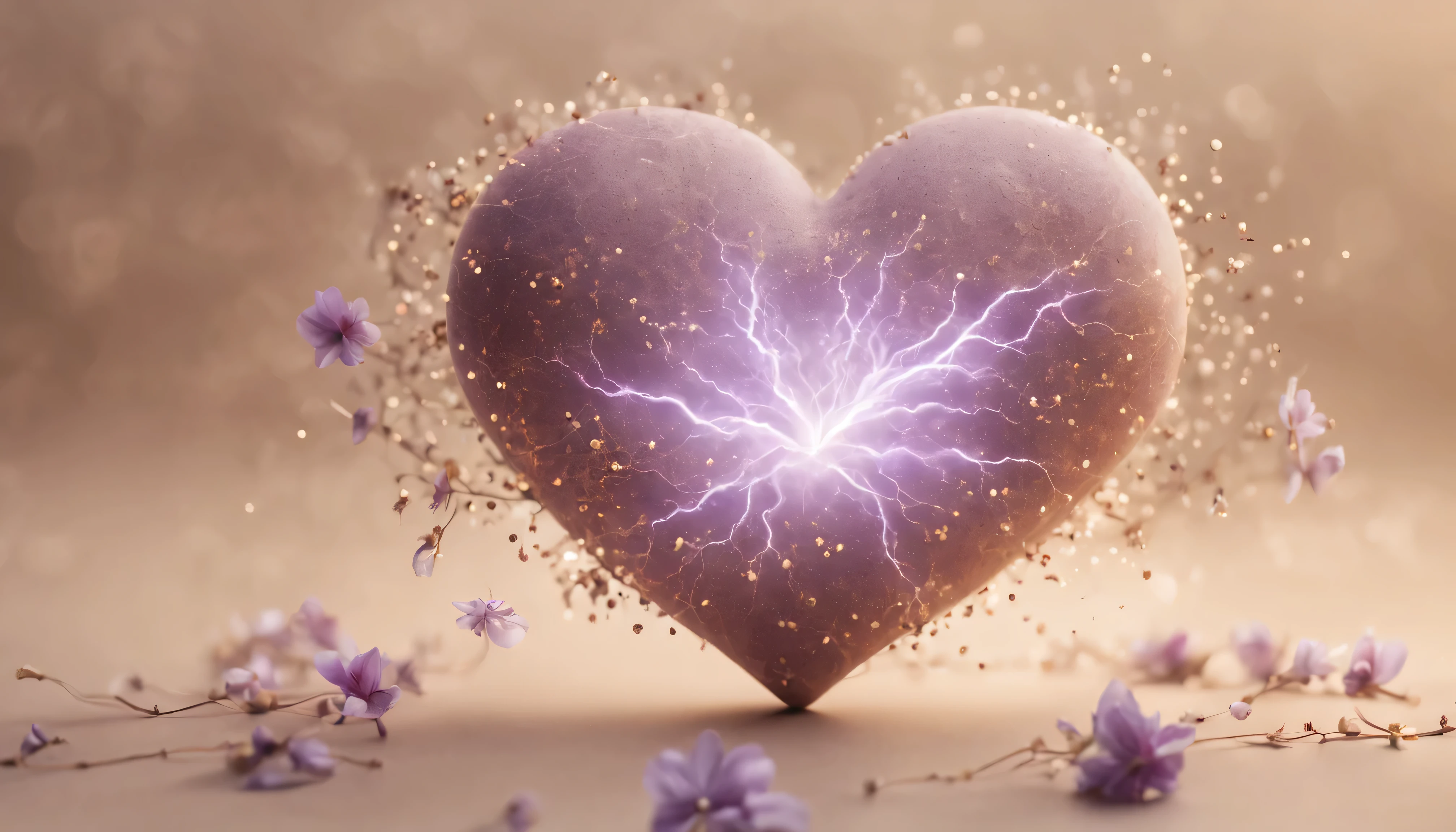 matte lilac-brown heart and sparkling magic sparks , lightning and energy flashes ,heart with flowers ,on a soft beige background, Clear Focus, High Quality 8K