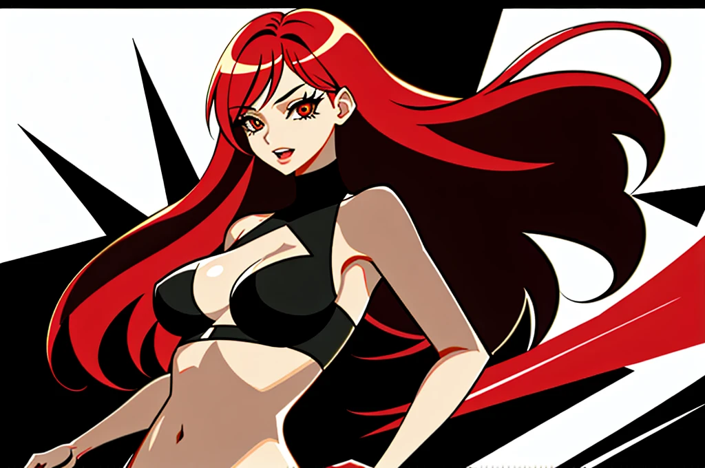 Make a beautiful girl with red hair attractive body with a sex and warm color outfit and long hair, 16k, estilo poster, estilo cinema, estilo hq, contraste perfeito, atraente ao publico, corpo em pefeita simetria.