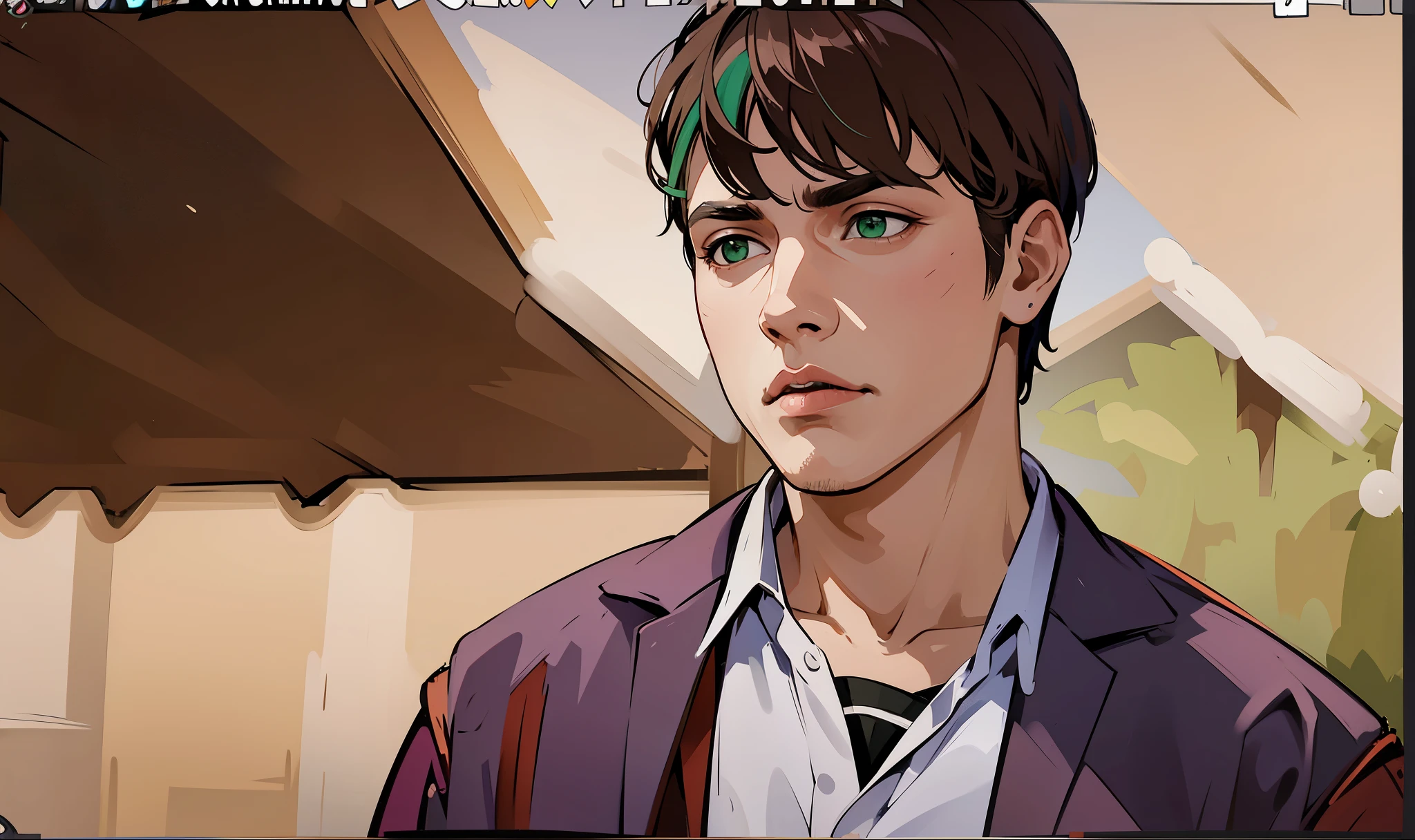 esta gritando tiene rostro furioso ojos de color verde mirada seria agresiva pensativa