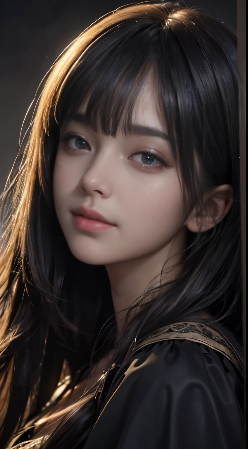 (Ultra Realistic), (Illustration), (Increased Resolution), (8K), (Extremely Detailed), (Best Illustration), (Beautiful and Detailed Eyeest Quality), (Ultra Detailed), (Masterpiece ), ( wallpaper), (detailed face), solo, 1 girl, looking at viewer, fine details, detailed face, in the dark, deep shadows, low key, pureerosfaceace_v1, smiling, long hair, black shawl straight hair , 46 points oblique bangs