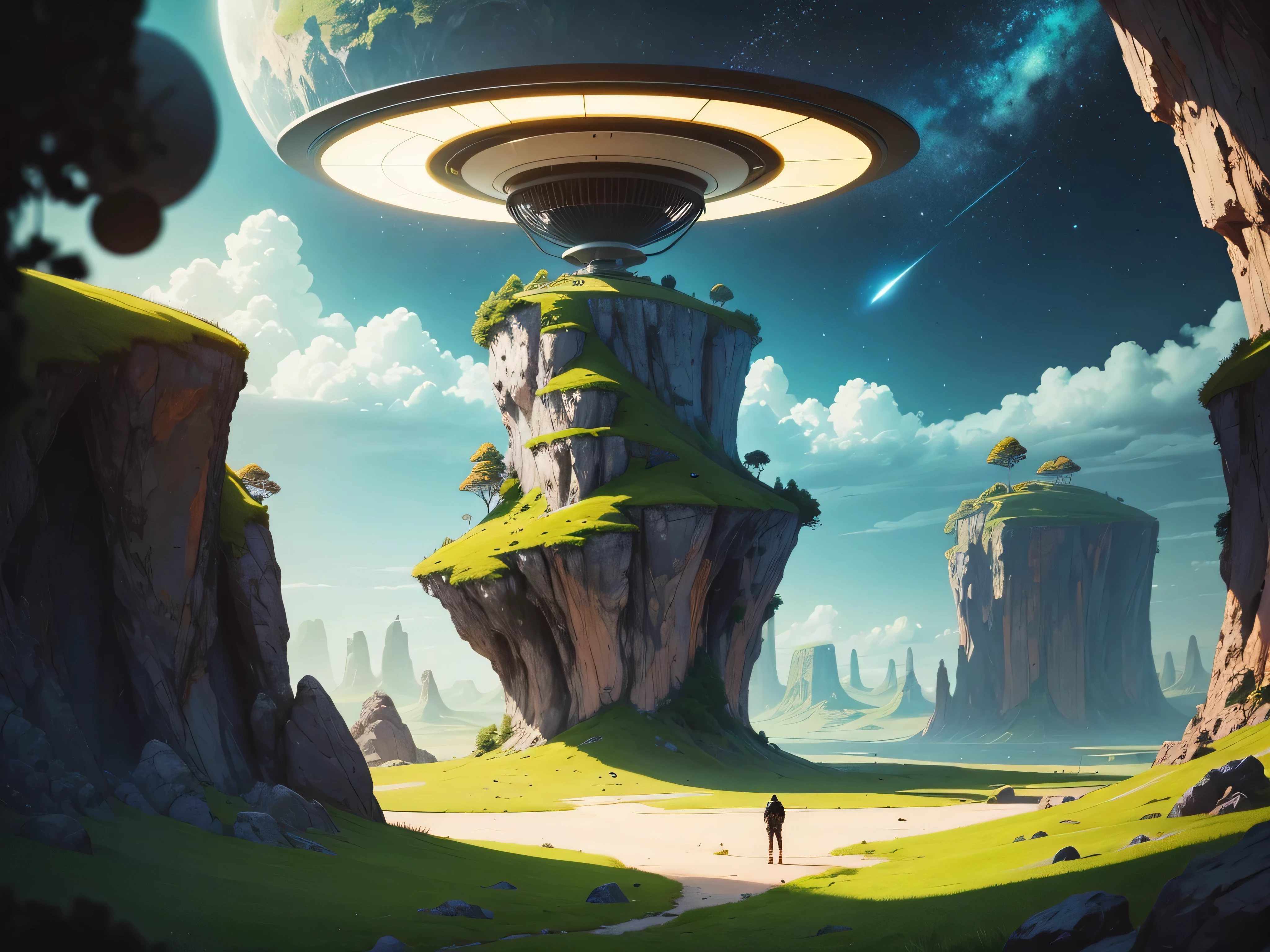 a beautiful land escape where there is a flying disc that landed with Alien space travelers coming out of the space ship (flying disc)