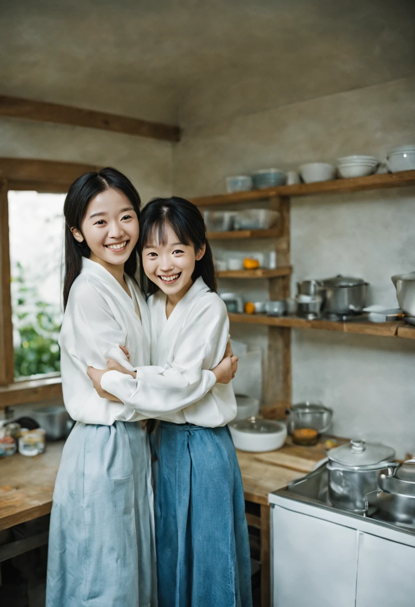 Two japanese girls standing in a large kitchen, smiling, hugging, from below, from behind