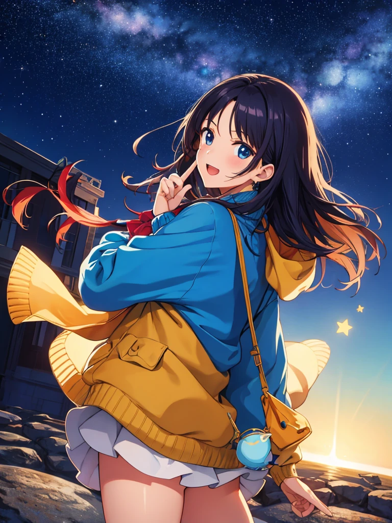 1girl,star sky,starry sky,look back,finger pointing,Pointing gesture of sky,masterpiece++, best quality++, ultra-detailed+five finger,cheerful,oversize sweater,outdoor,