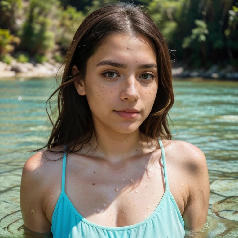 23-year-old hyper-realistic Latin girl with freckles, mood selfie for instagram, Ultra Definition, (photoreallistic: 1.4), 8k, calidad premier, fondos detallados, cara delicada, maquillaje natural, foto raw, iphone, HDR, Coqueteando con el espectador, in a deep river and transparent waters