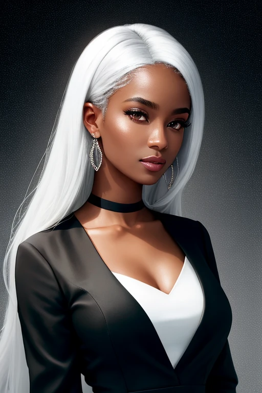 Best quality, masterpiece, high resolution, 1 young black woman, black chorus jacket dress,light gray dress,white hair,beautiful face,physique, Tyndall effect, realistic, dark studio, rim lighting, duotone lighting,(high detail skin: 1.2), 8k uhd, DSLR, soft light, high quality, volumetric light, stealth shot, photo, high resolution, 4k, 8k, bokeh