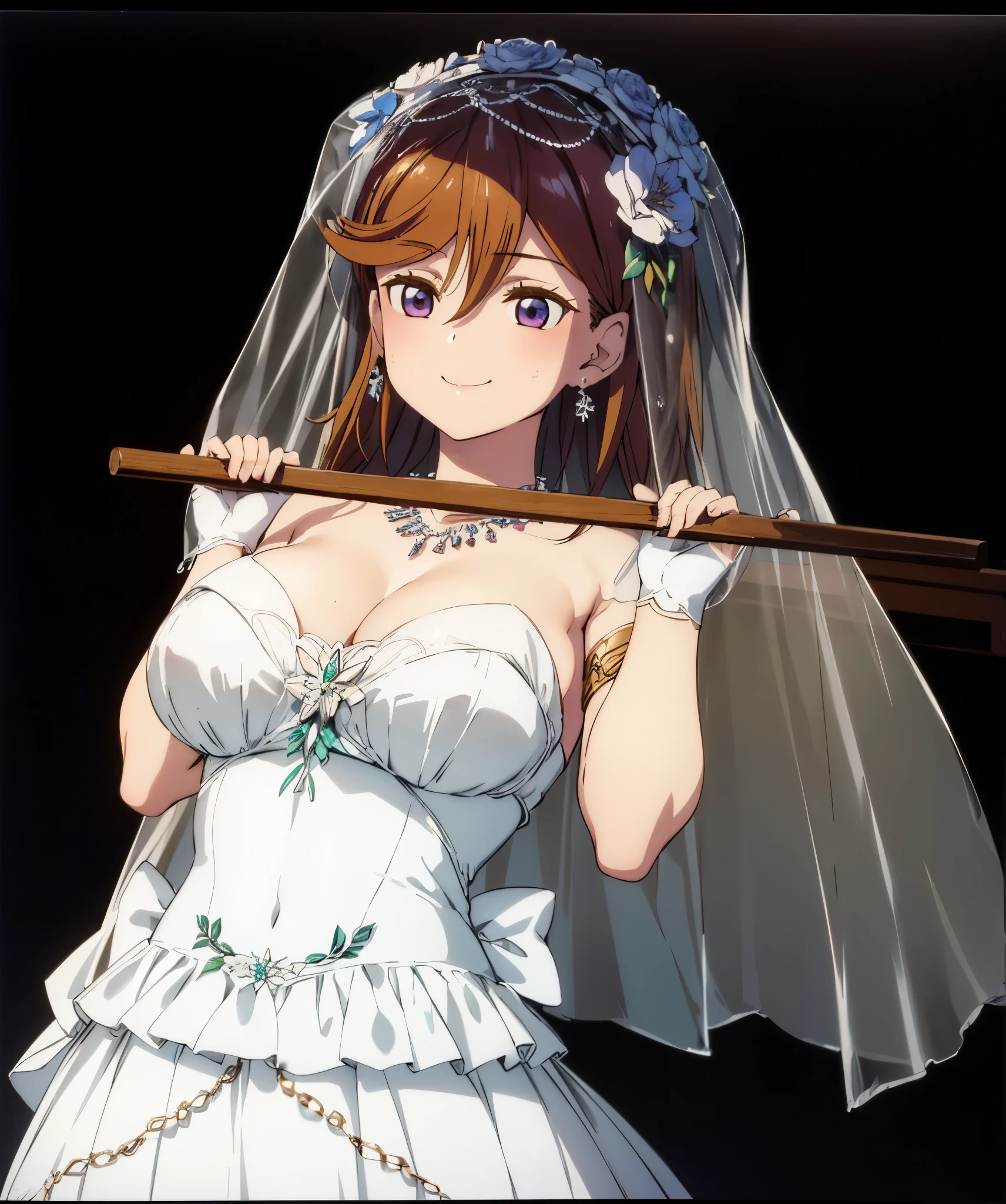 (((Pixel perfect, Perfect details))), alone, 1 girl, Shibuya Kanon, looking at the audience, Smile,Best quality), large breasts, delicate face, detailed eyes,Gurwitz，pillory，Head flail，hand flail，flail，(bridal veil:1.5），（short sheer veil：1.5），Blushing face，Head flower，headgear，（Tube top armor long skirt：1.5），pure white dress，necklace，earringangs，lipstick， standing