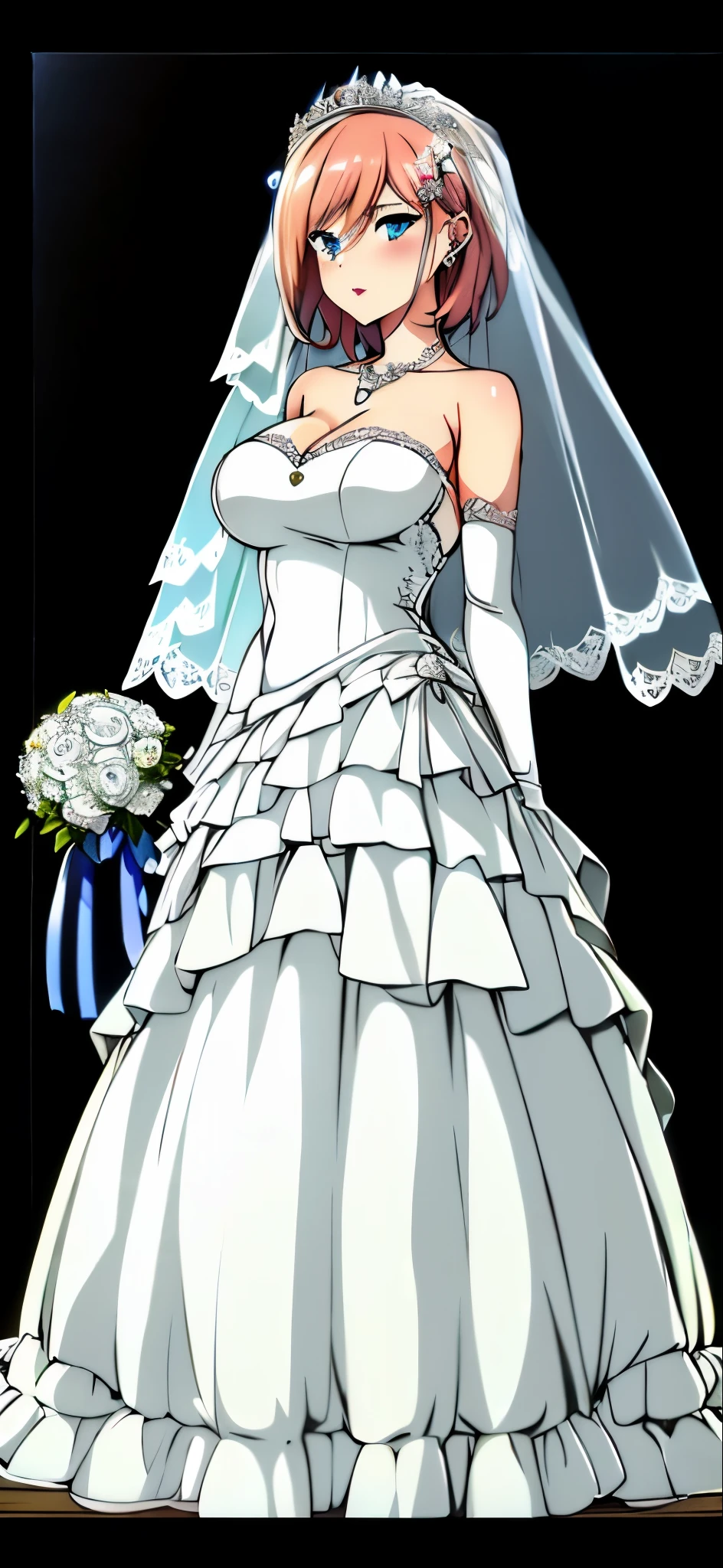 celia\(Wakure\), 1 girl, , alone,
blue eyes, 
 Close-up of beautiful bride wearing beautiful wedding dress,Gurwitz,(bridal veil:1.5），（Transparent short veil：1.5），Blushing face，Head flower，headgear，（tube top wedding dress：1.5），（Silk dress：1.2）,（Strapless wedding dress：1.5）,pure white dress，necklace，earrings，(large breasts:1.3)，Deep V peach heart collar wedding dresangs，lipstick，（lace gloves：1.3）,whole body照,High detail RAW color art,Long white dress，whole body，Place your hands behind your back，
