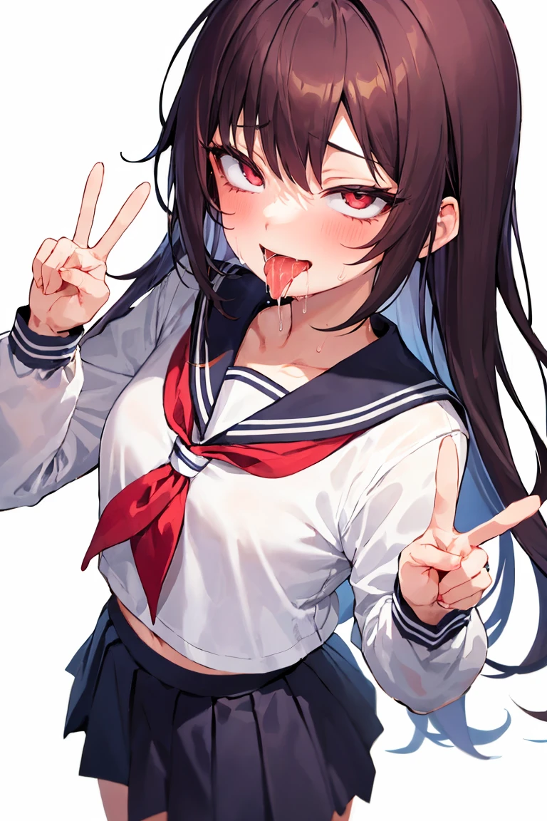 1girl, ahg, rolling eyes, tongue,
cowboy shot, serafuku, skirt, double peace sign, smile, saliva, solo, sweat, drooling, white background