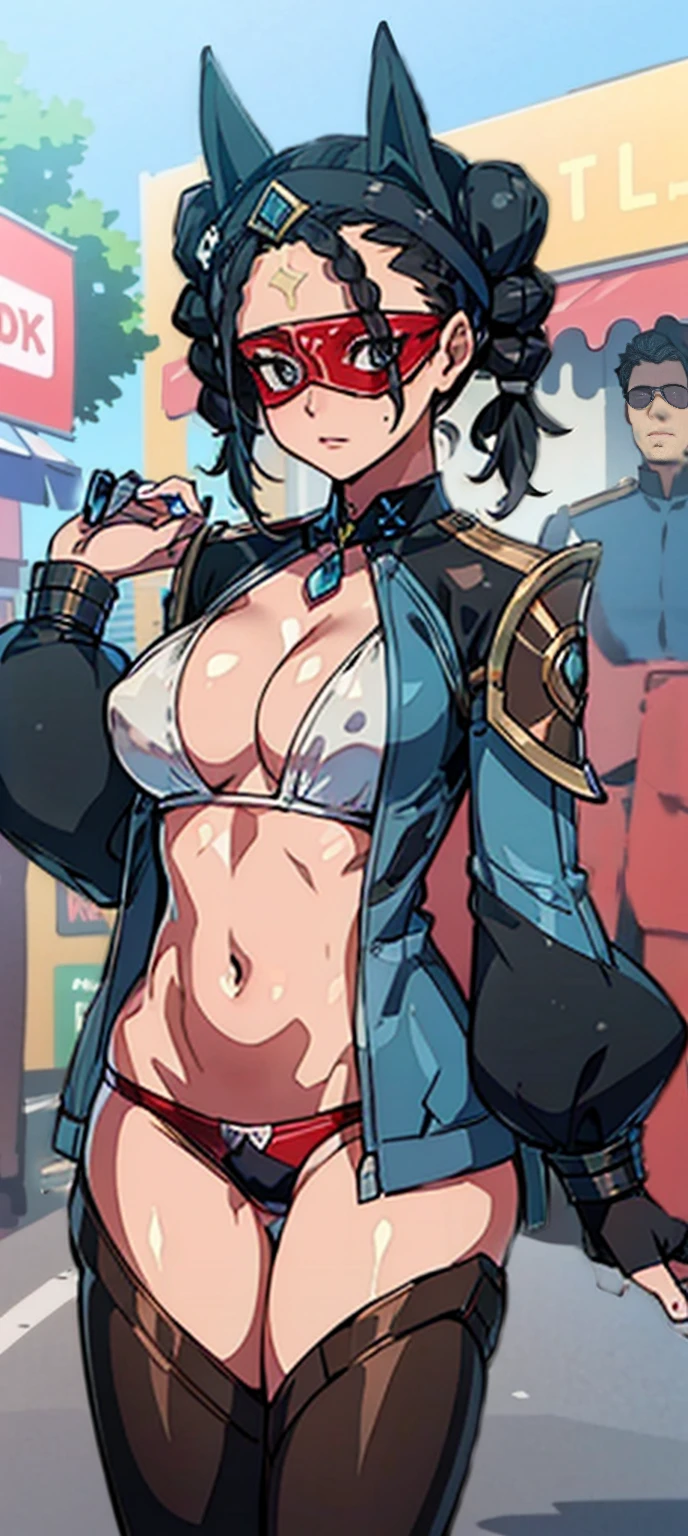 masterpiece, best quality, high resolution, hmsl1, big bust, hair flower, x hair ornamen, micro bikini, blue jacket, flower, slime, open clothes, Black bow, Sleeves extend beyond wrists, thong, cowboy shooting, outdoor, street, permanent