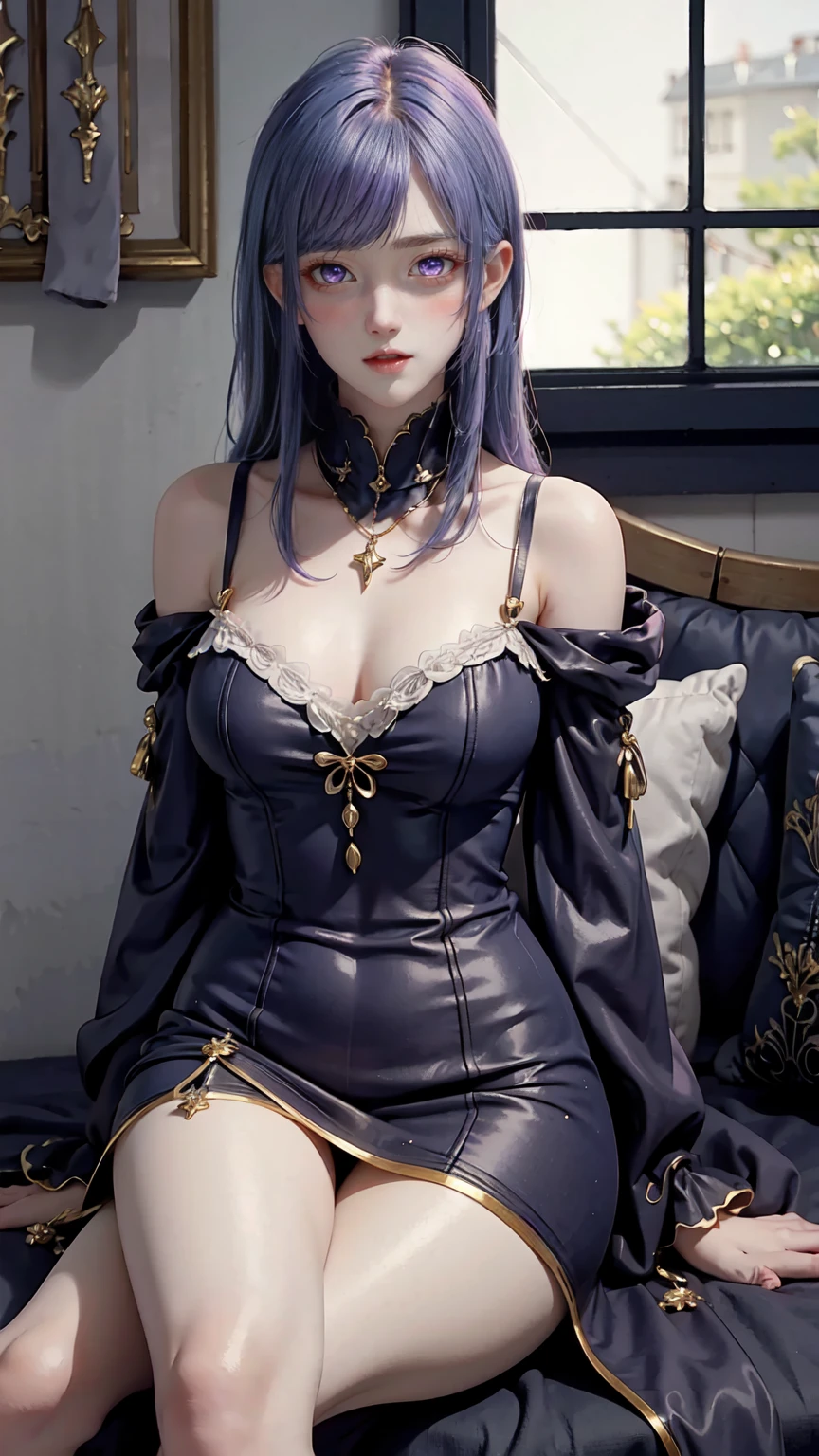 8K, Ultra High Definition, Super detailed, Shiny detailed hair, detailed face, fantasy landscape, solo, looking at viewer, {{best quality}}, {{masterpiece}}, {{ultra-detailed}}, {detailed light}, ultra high quality eyes, detailed eyes, perfect eyes, large eyes, detailed purple eyes, blue hair, blue long hair, adorned hair, beautiful, skinny body, white skin, slutty, erotic, sitting with legs open, open legs, lingerie, in lingerie, blushing, open mouth, ahegao, ((nsfw))