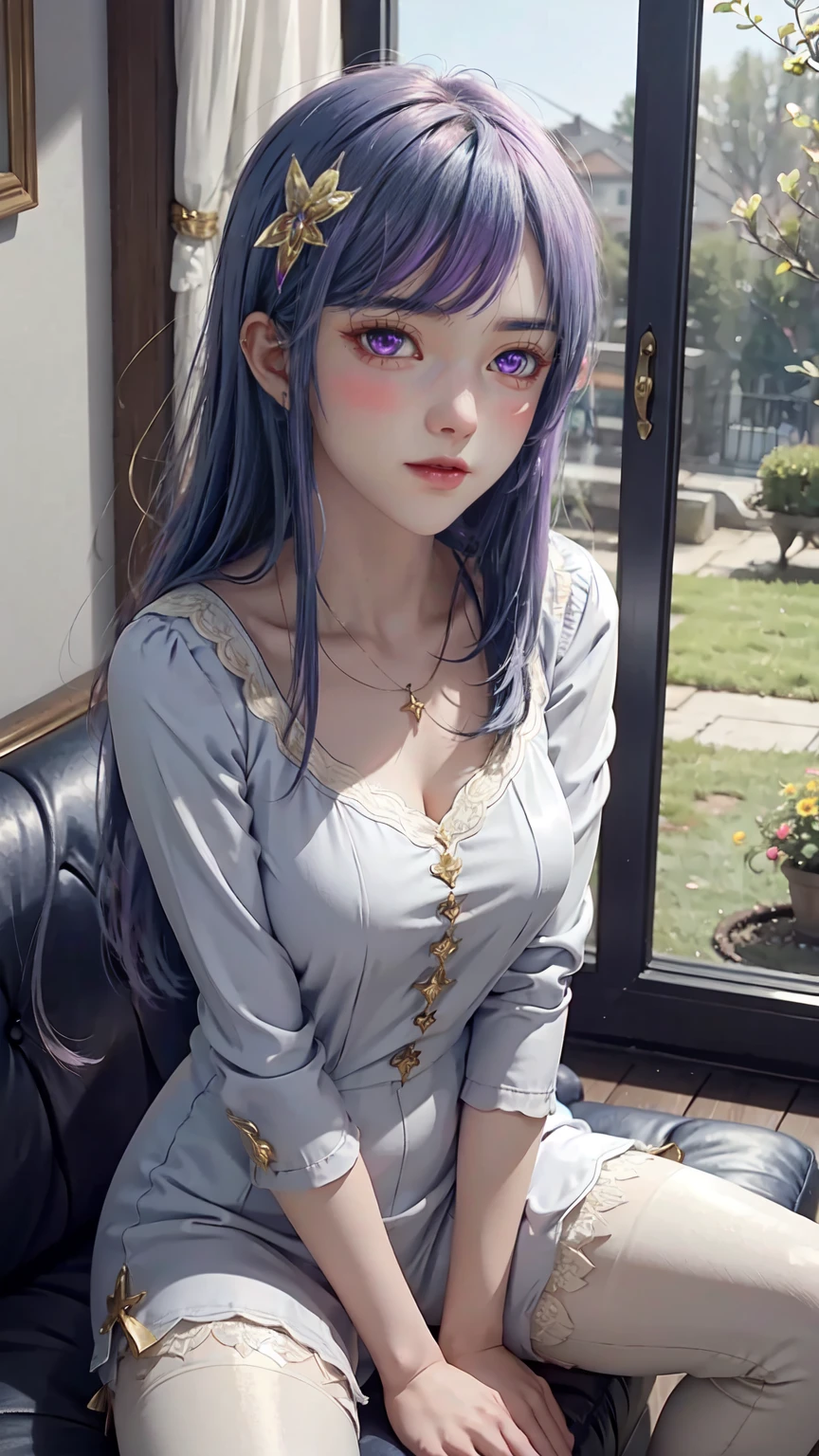 8K, Ultra High Definition, Super detailed, Shiny detailed hair, detailed face, fantasy landscape, solo, looking at viewer, {{best quality}}, {{masterpiece}}, {{ultra-detailed}}, {detailed light}, ultra high quality eyes, detailed eyes, perfect eyes, large eyes, detailed purple eyes, blue hair, blue long hair, adorned hair, beautiful, skinny body, white skin, slutty, erotic, sitting with legs open, open legs, lingerie, in lingerie, blushing, open mouth, ahegao, ((nsfw))