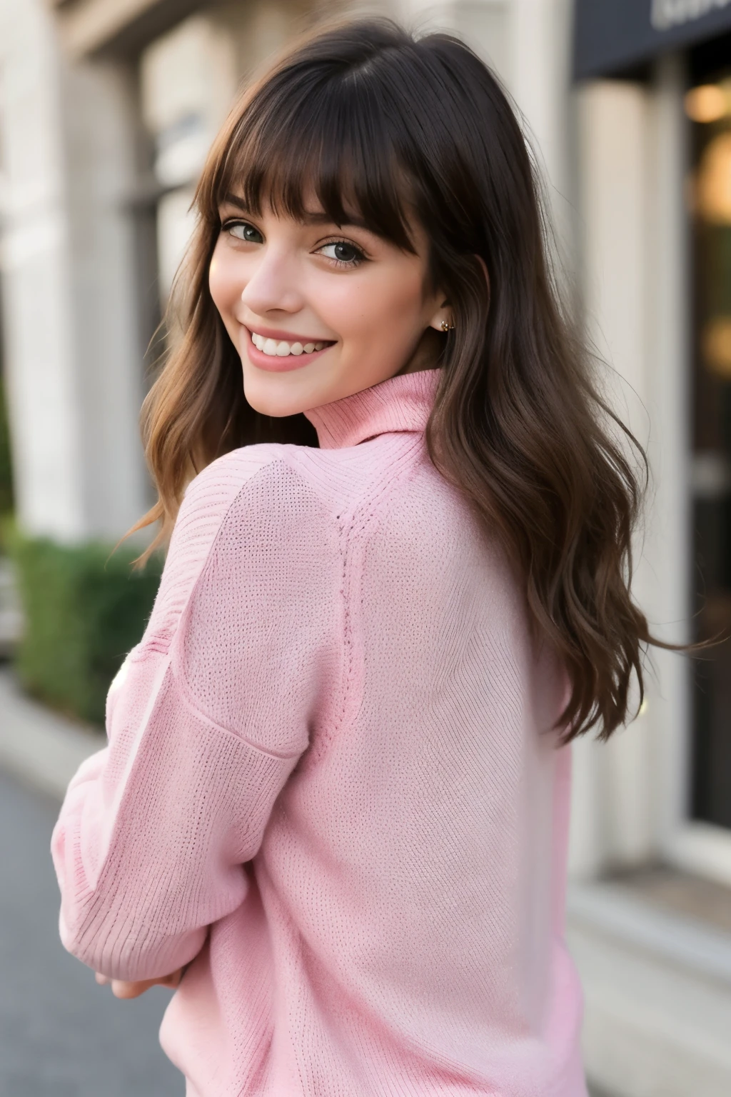 Beautiful brunette girl, bangs, green eyes, beautiful big smile, smiling, head and shoulders, pink polo sweater, really happy