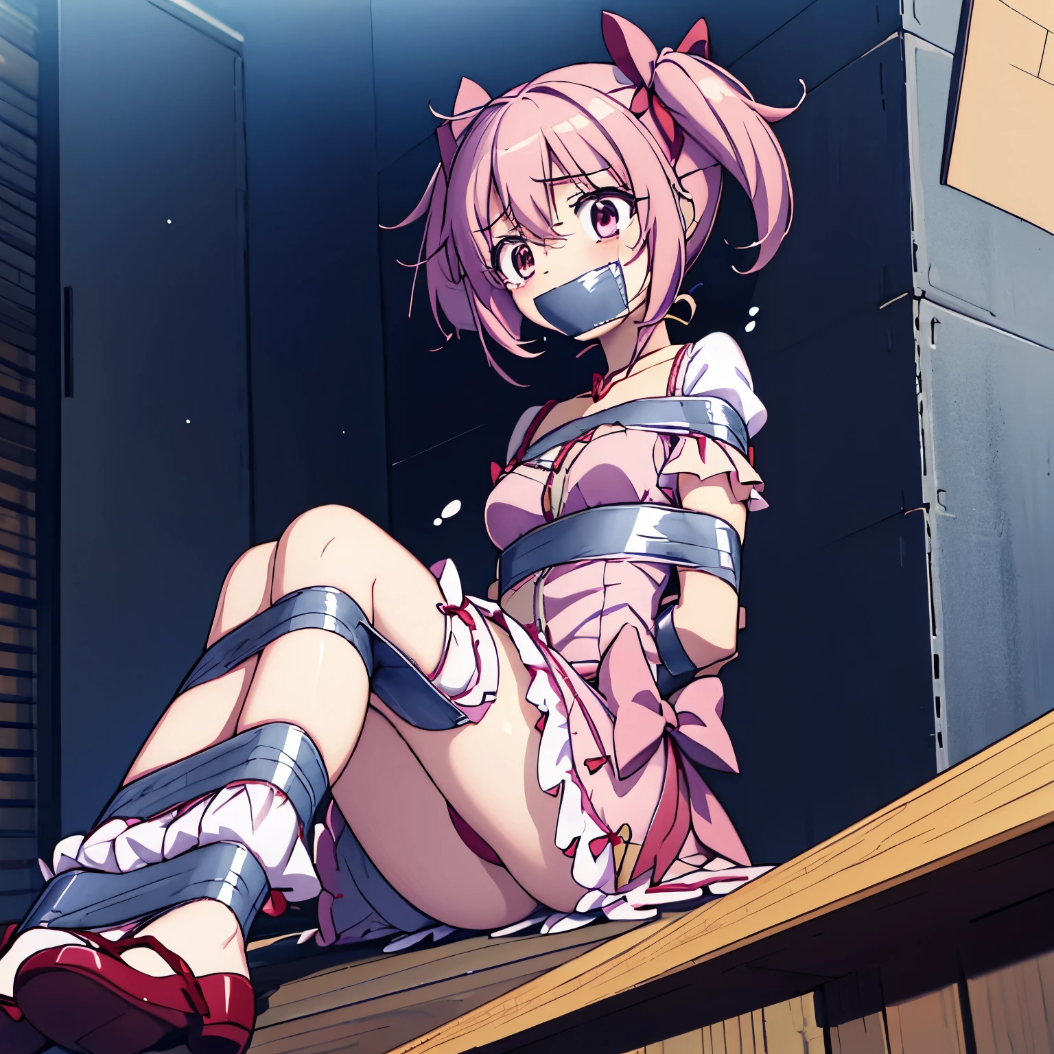 madoka kaname, tape bondage, duct tape gag, full body, sitting, crying