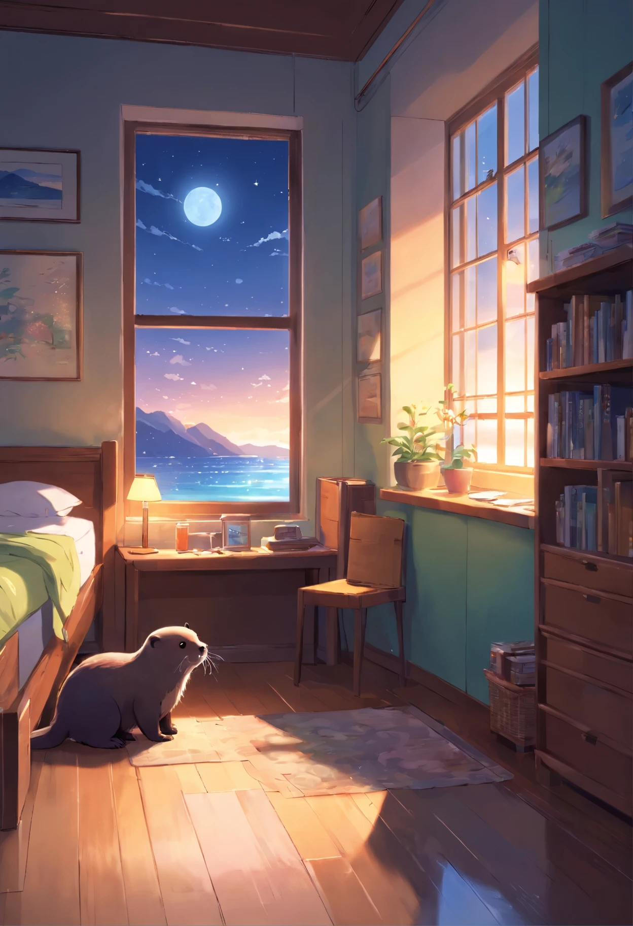 (Best quality,highr:1.2),Fotorrealista,stickfigure,anime big breast,Cute little sea otter,(natta,Moonlight poured in from the little sea otter's bedroom window,Illuminated a corner of the room)