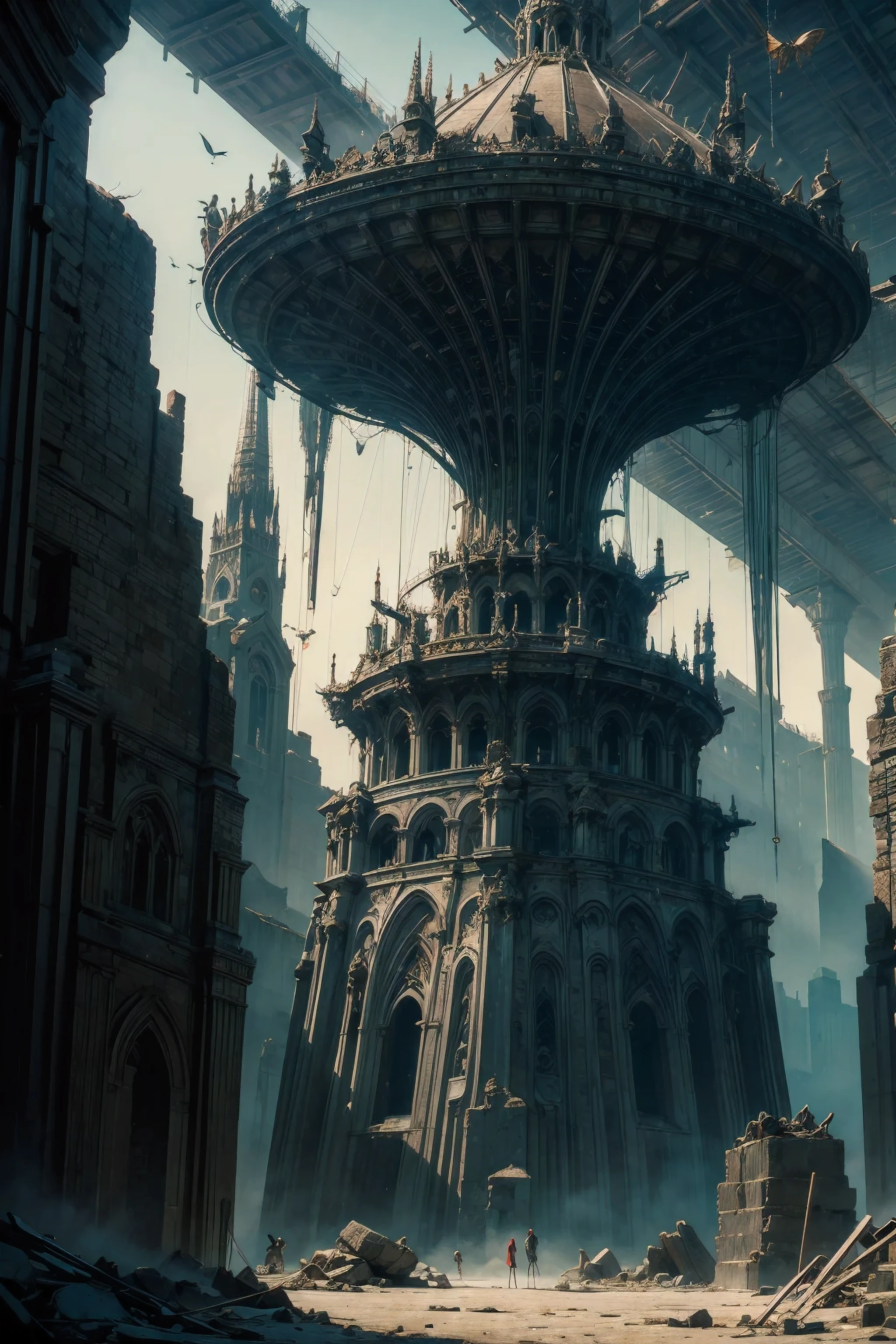 Panoramic shot of a gigantic ruined cathedral engulfed by dense mist in a desolate and alien landscape, Grief,Despair,Dread, in the style of (Yves Tanguy:1.25), Heatwave, Art Nouveau, masterful Isolation, masterful Wash, strong Golden hour, Glass, Cone, Moths or butterflies,Crows or ravens,Key, Lurid, Afterimage and optical colors,Complementary, ultra detailed, oil on canvas, dry brush, (surrealism:1.1)
