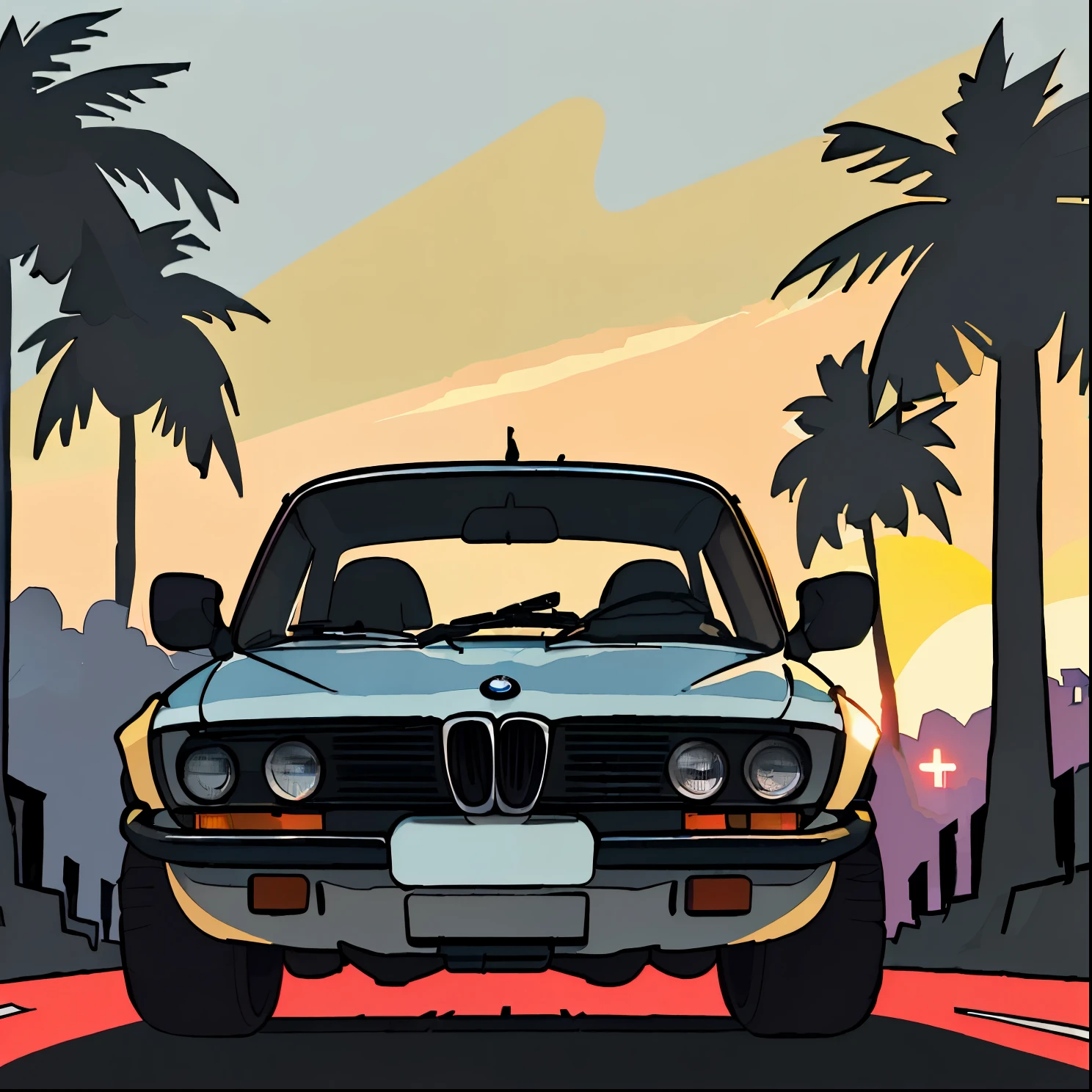 (best quality,4k,8k,highres,masterpiece:1.2),ultra-detailed,classic BMW car,sunset background,palm trees,5-layer color,corner street,vintage drums,pressed horn,black car,illustration,realistic colors,warm lighting