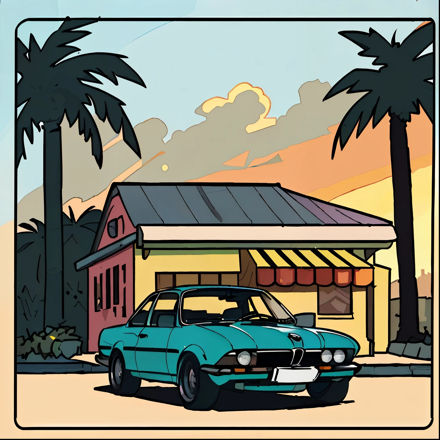 (best quality,4k,8k,highres,masterpiece:1.2),ultra-detailed,classic BMW car,sunset background,palm trees,5-layer color,corner street,vintage drums,pressed horn,black car,illustration,realistic colors,warm lighting